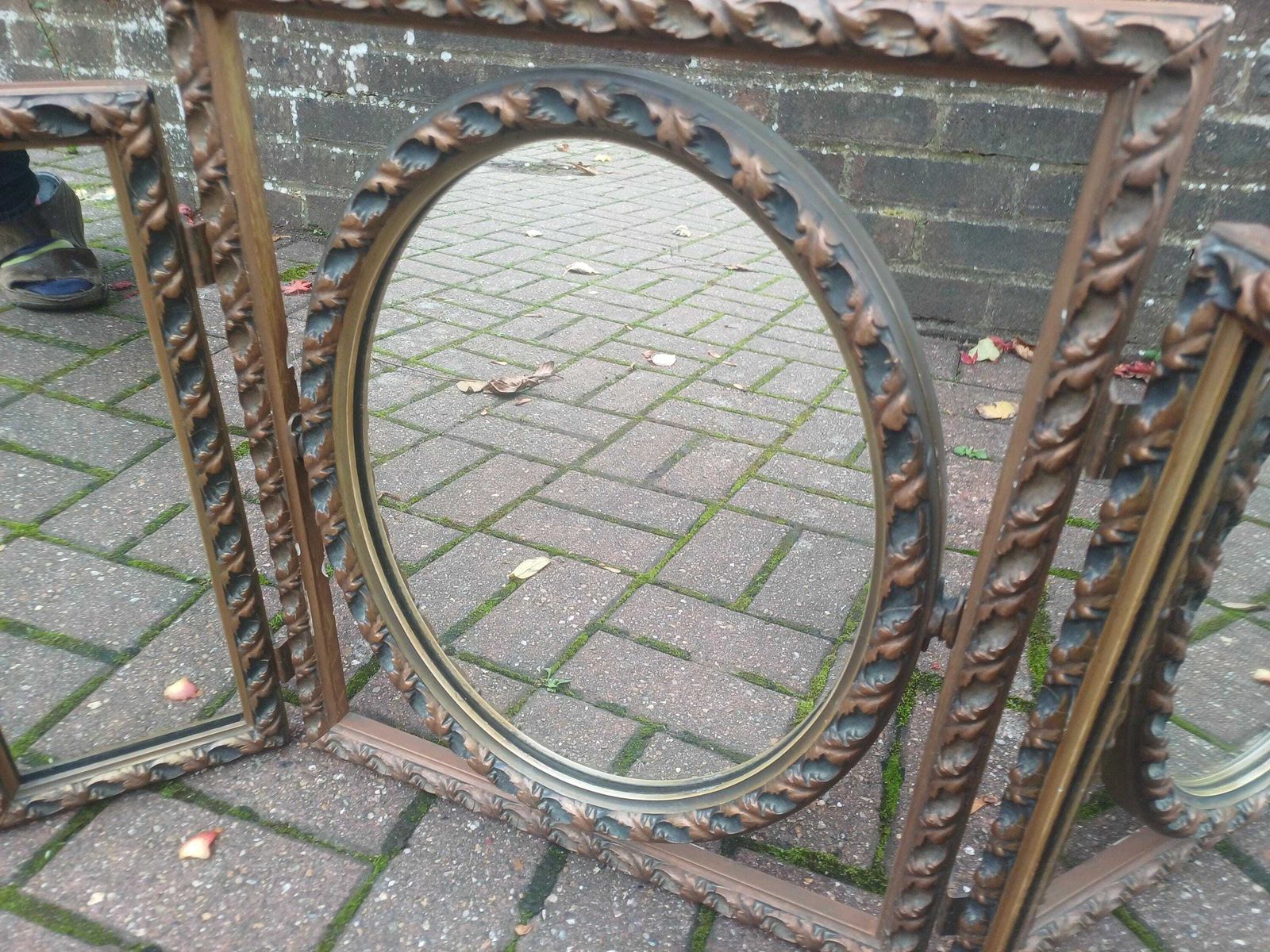 Vintage Triple Dressing Table Mirror With Ornate Frame, Folding Vanity Mirror, Antique Bronze Blue Finish Tabletop Mirror, Art Deco Style photo buy