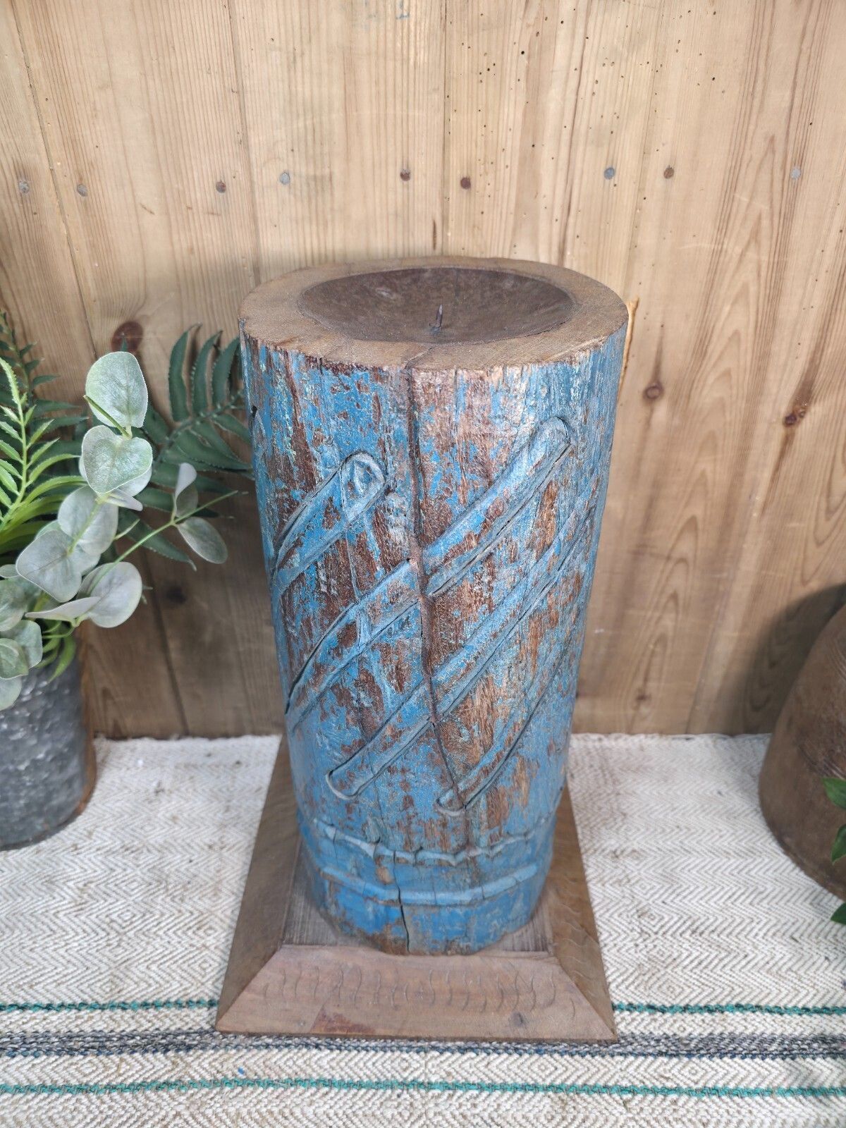 Large Vintage Reclaimed Carved Indian Solid Wooden Pillar Column Candle Holder photo buy