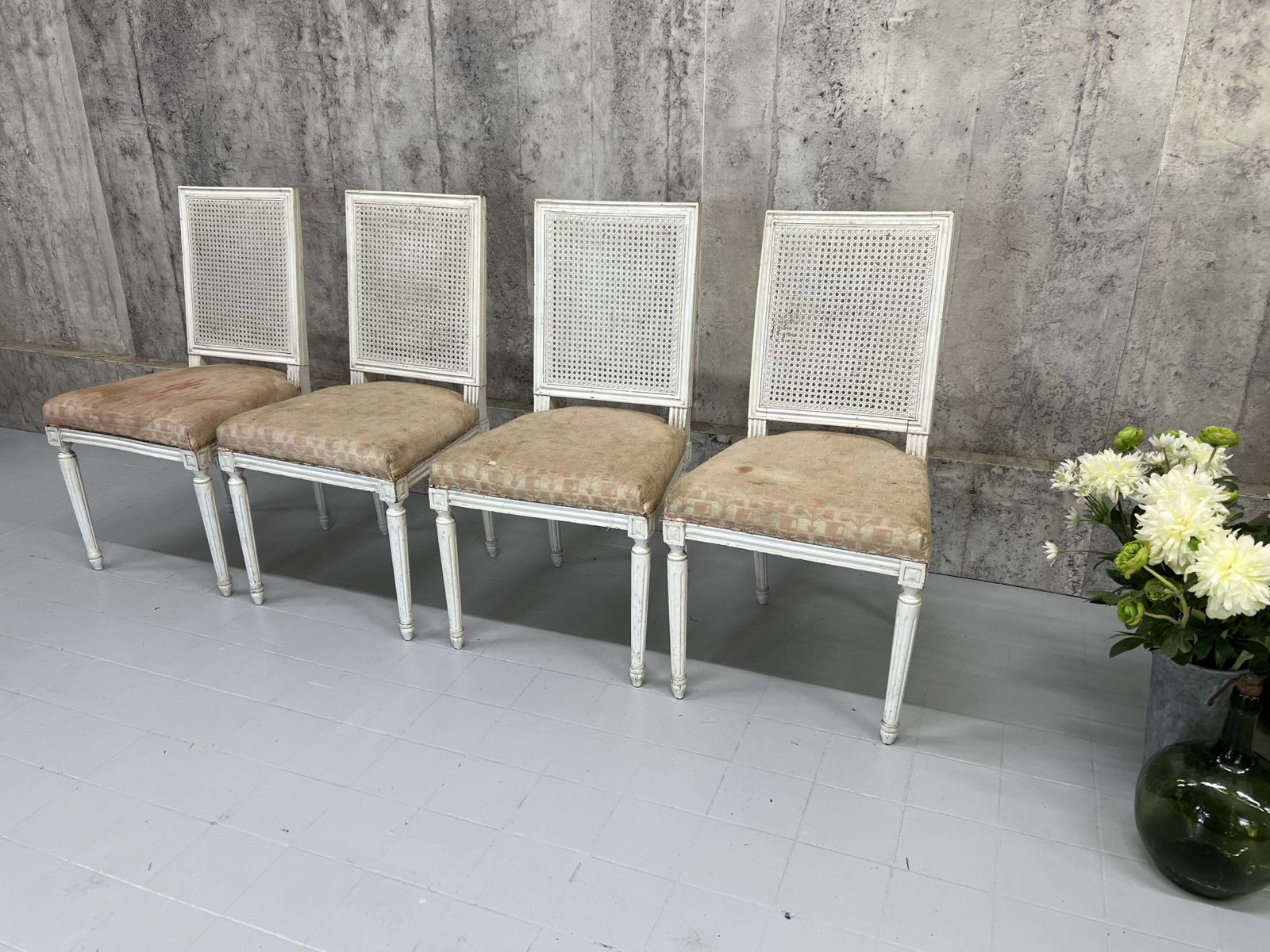 Set Of Four White Shabby Chic Cane Dining Chairs To Reupholster photo furniture