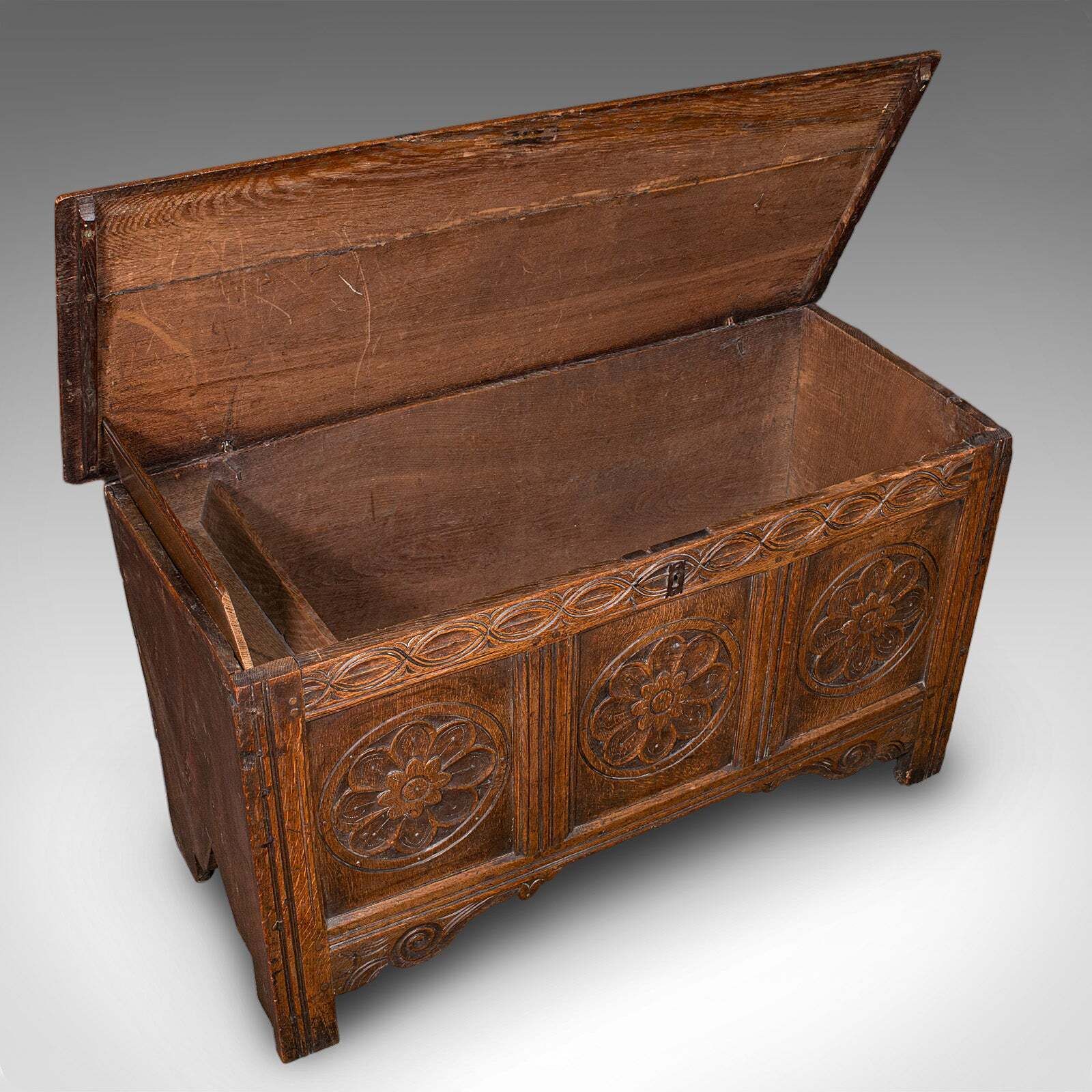 Antique Linen Chest, English, Carved Oak, Coffer, Bay Window Seat, William III photo vintage