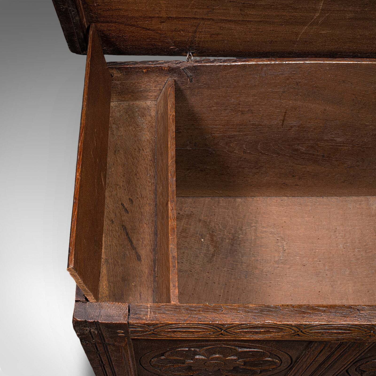 Furniture Antique Linen Chest, English, Carved Oak, Coffer, Bay Window Seat, William III photo