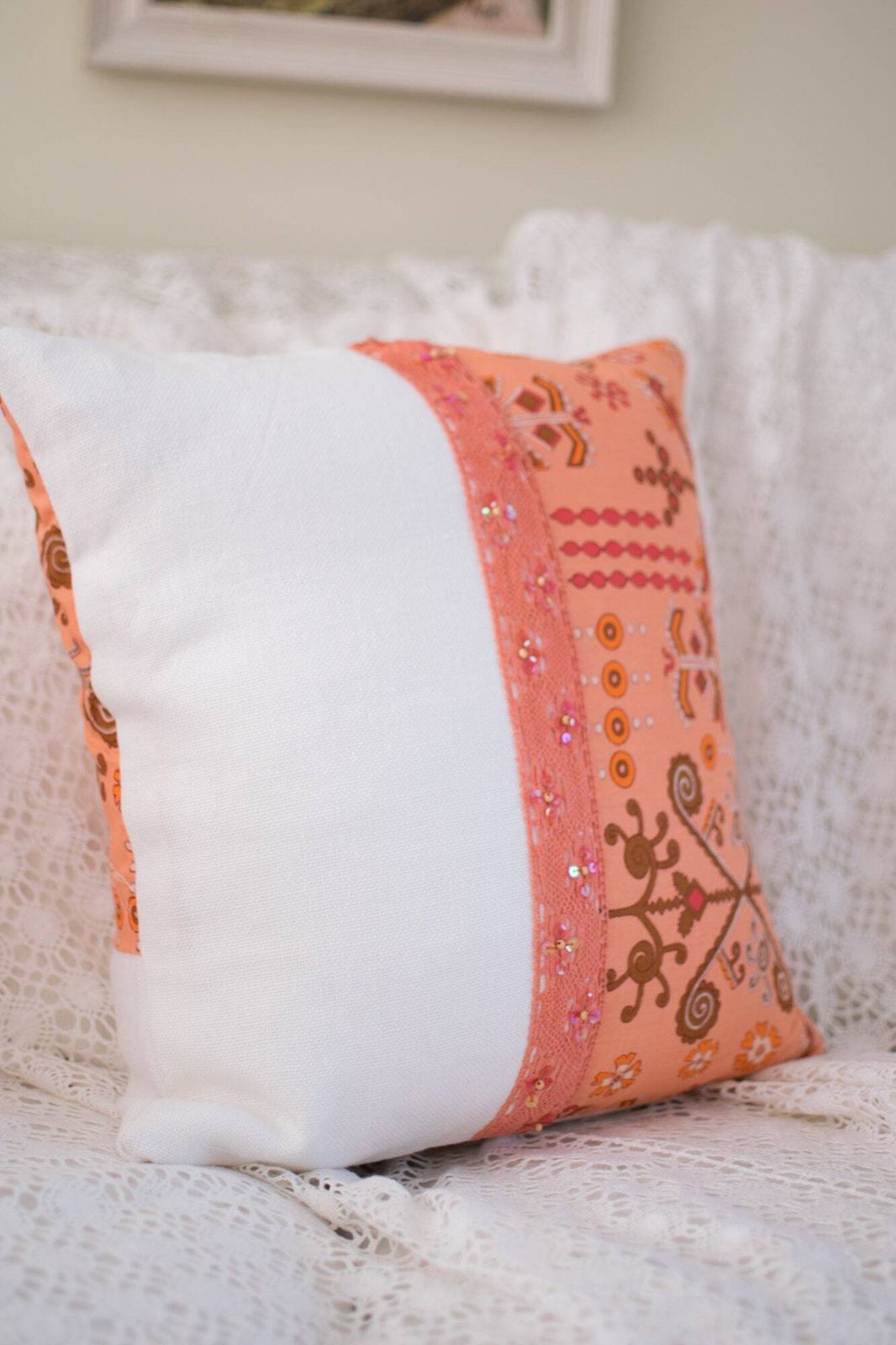 Pair Of Retro Cushions Peach Coral Pillows Cotton Lace Throw Pillows Unused Vintage Linen Pillow Cases 2 Ethnic Handmade Cushions photo 75.0