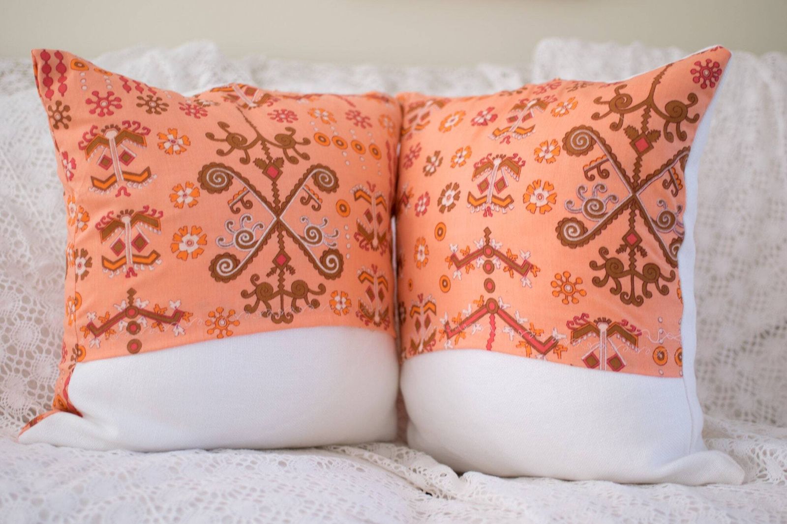 Pair Of Retro Cushions Peach Coral Pillows Cotton Lace Throw Pillows Unused Vintage Linen Pillow Cases 2 Ethnic Handmade Cushions photo vinterior