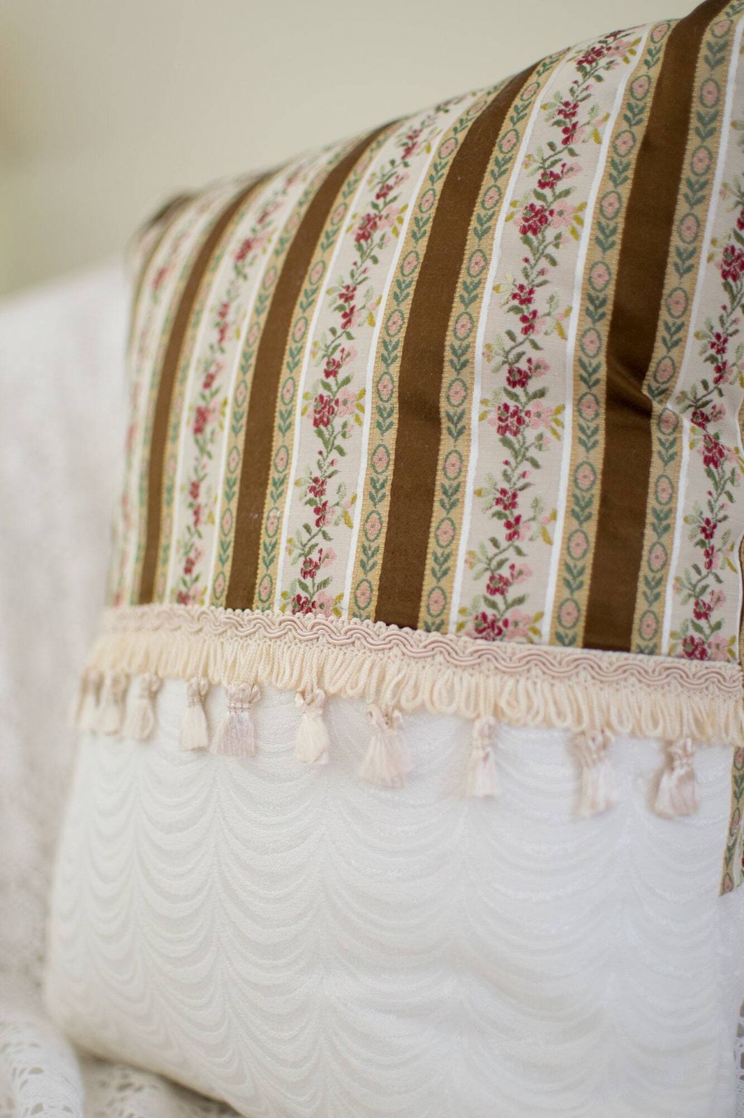 Pair Of Vintage Floral 1930's Brocade Cushions Pink Cream Brown Pillows Tassel Braid Throw Pillows Vintage Pillows 2 Floral Handmade Cushion photo for sale