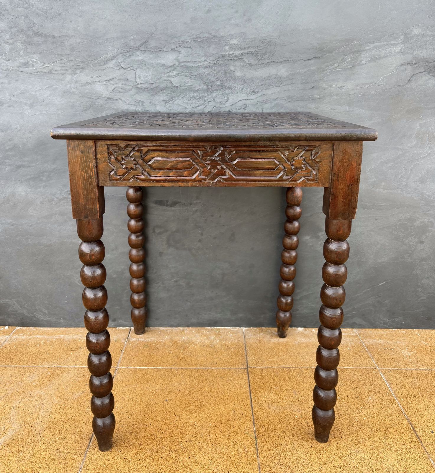 Spanish Barley Twist Side Table With Geometric Carved Top, 1930s photo furniture