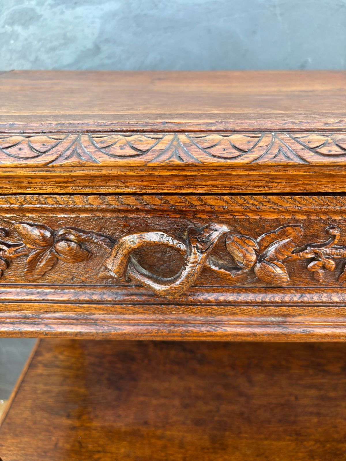 Carved Oak Barley Twist Console With Shelves, 1890s photo furniture