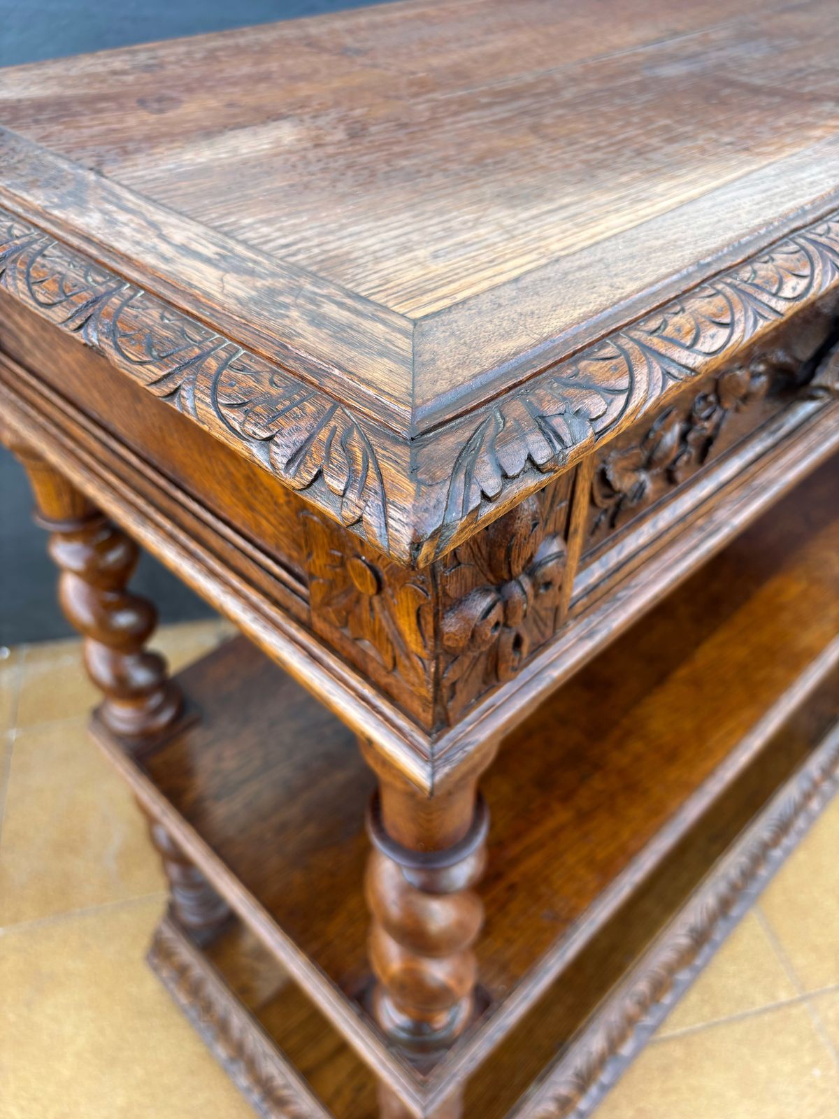 Carved Oak Barley Twist Console With Shelves, 1890s photo for sale