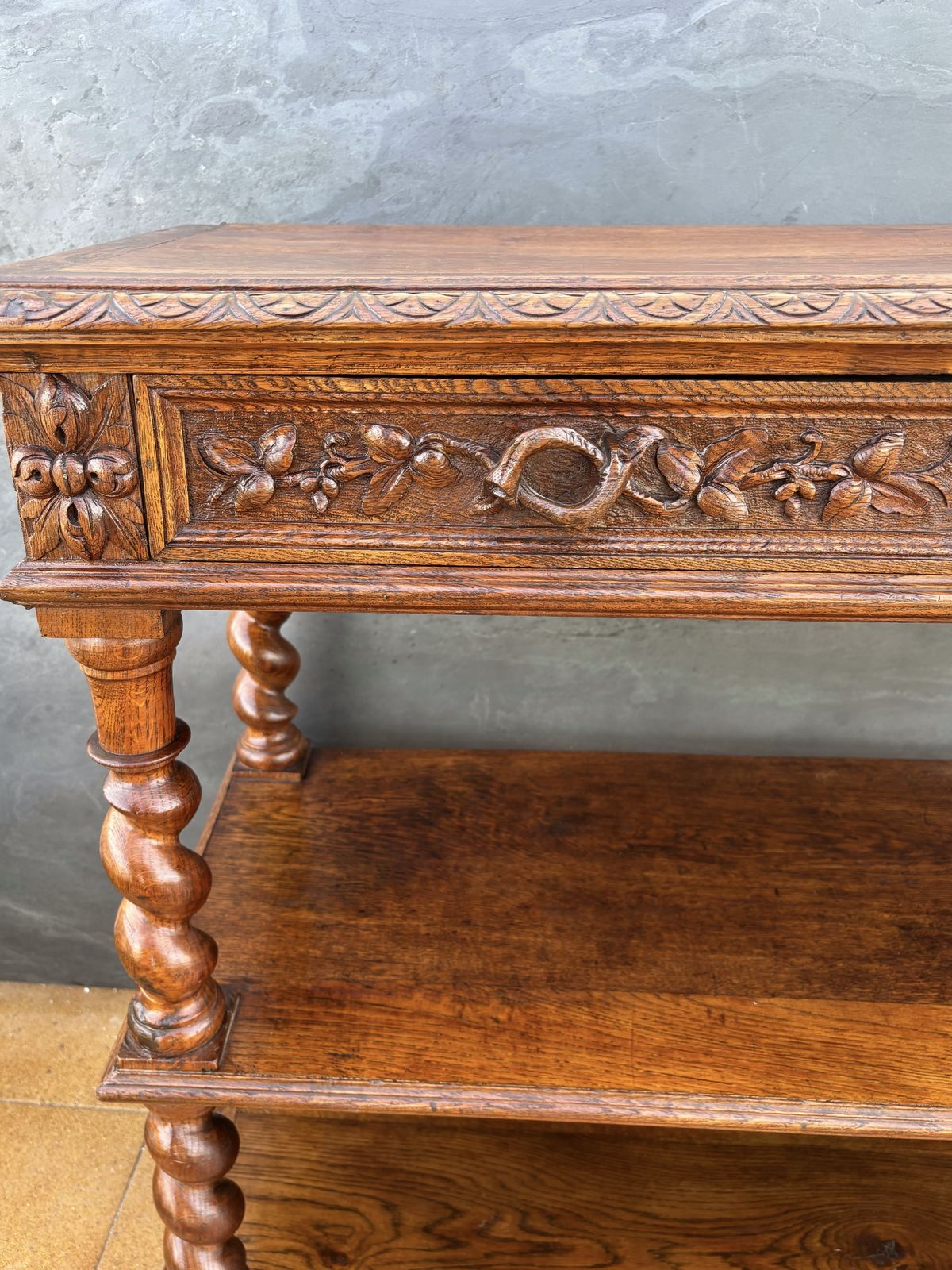 Carved Oak Barley Twist Console With Shelves, 1890s photo Furniture