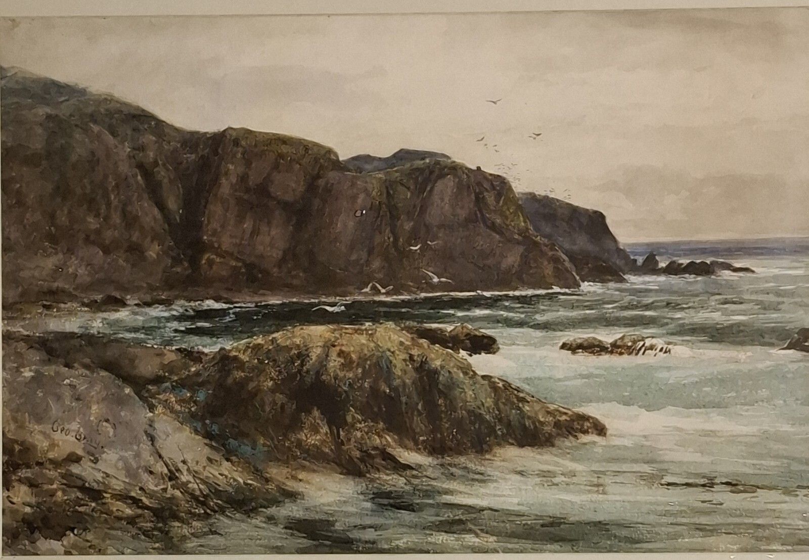 Large Antique Watercolour George Gray Scottish St Abbs Head Cliffs Aitken Dott photo for sale