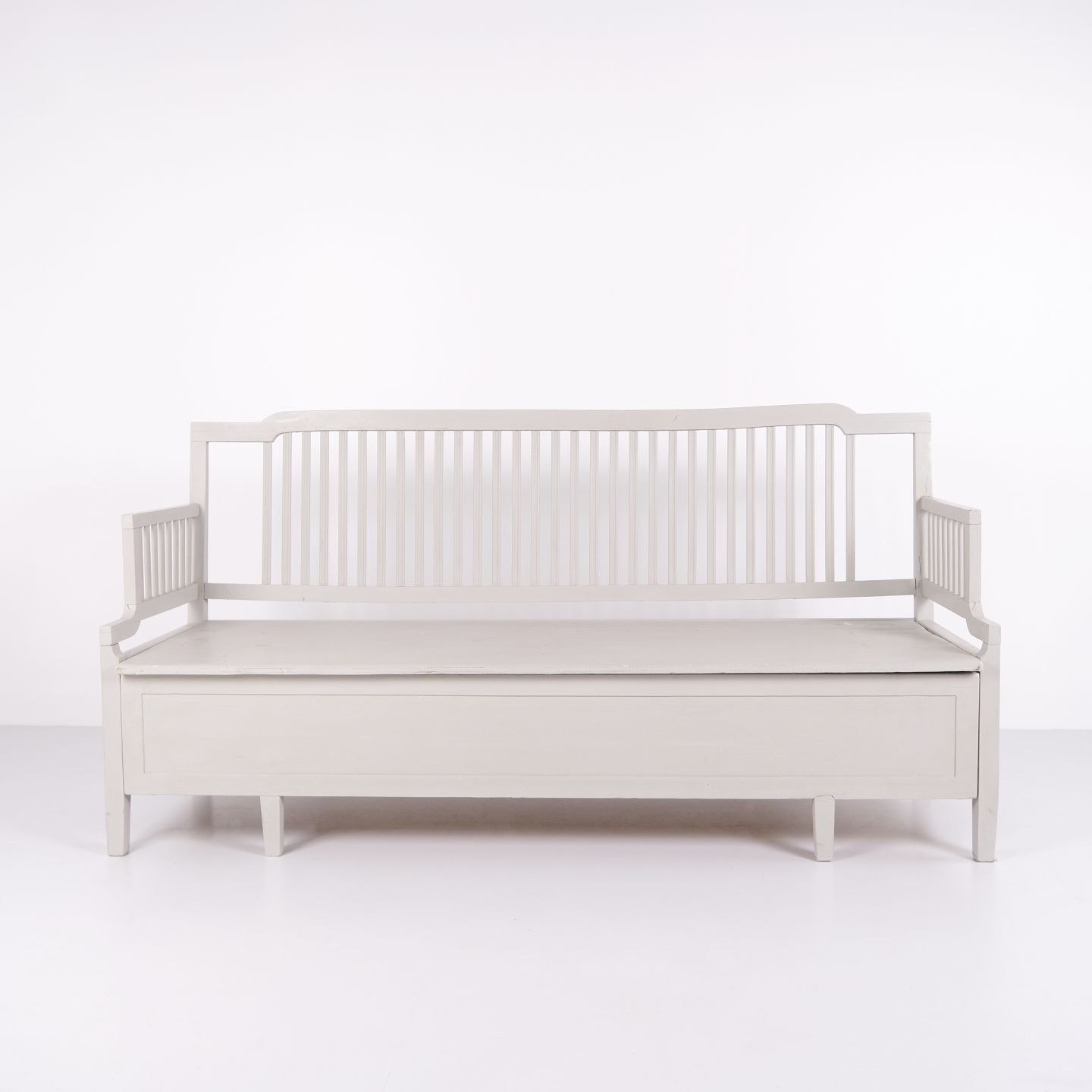 Antique Bench With High Back   Gray Painted   Pine Wood   Storage   Year 1860s