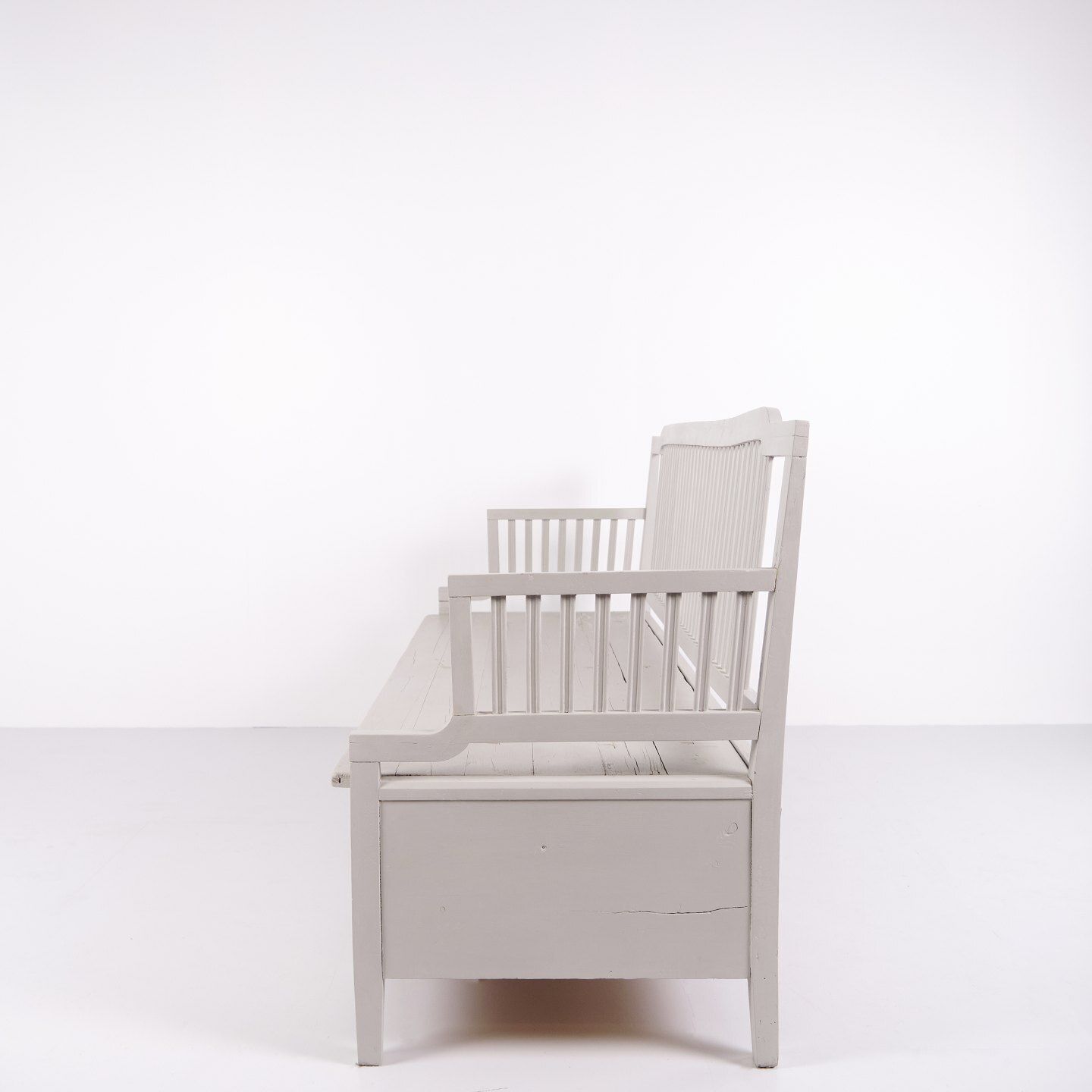 Antique Bench With High Back   Gray Painted   Pine Wood   Storage   Year 1860s photo for sale