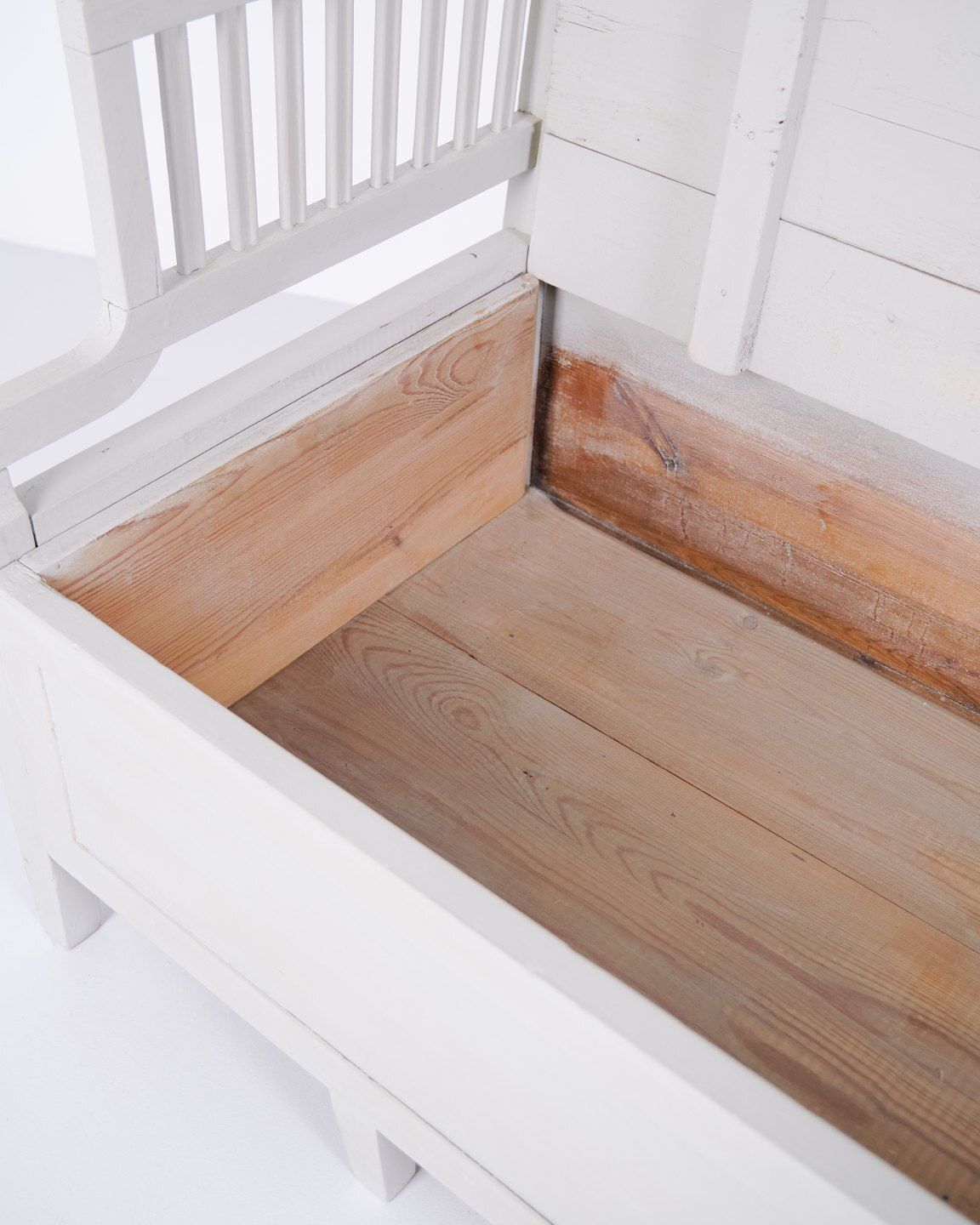 photo for sale Antique Bench With High Back   Gray Painted   Pine Wood   Storage   Year 1860s