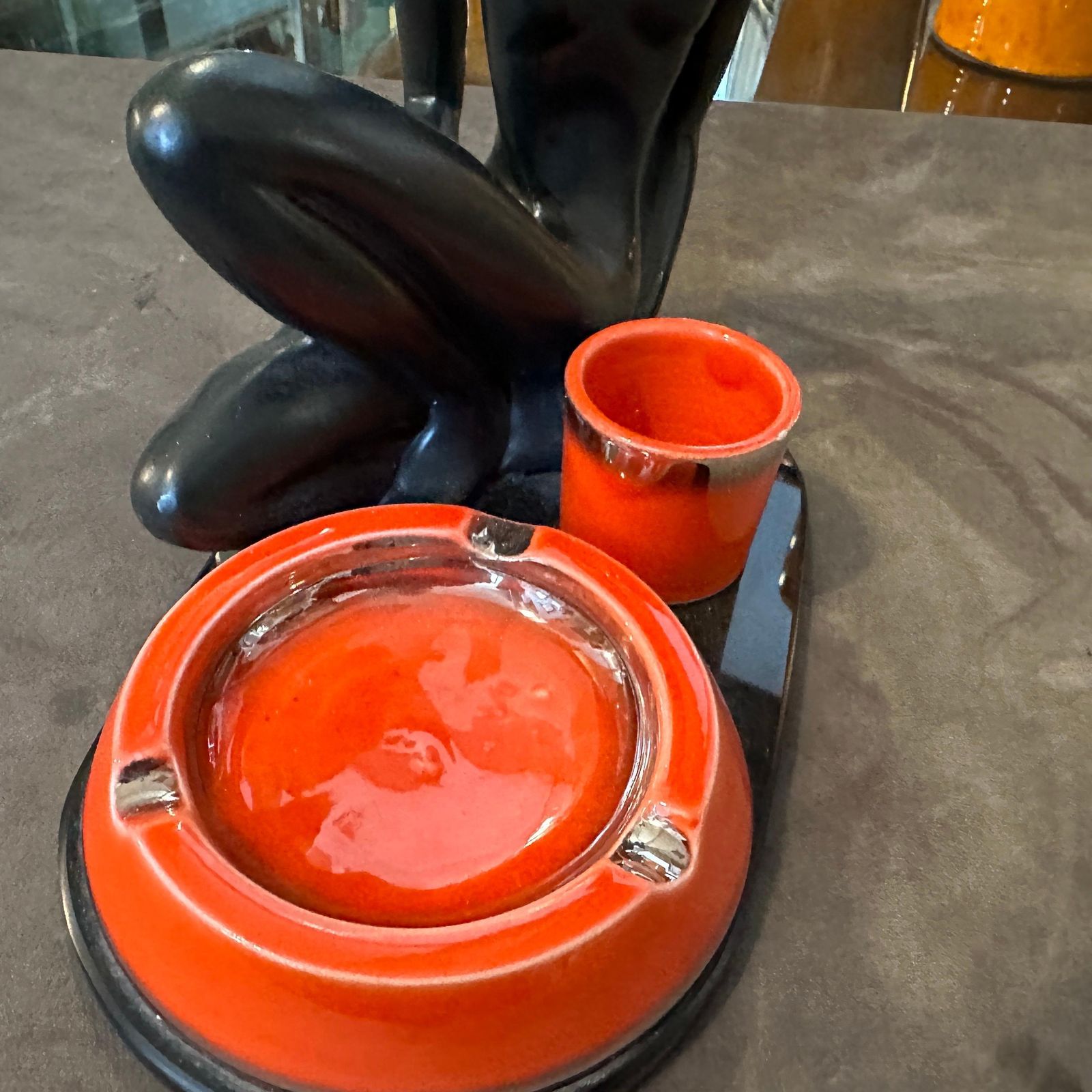 1950s Mid Century Modern Ceramic And Black Glass Italian Smoking Set photo vinterior