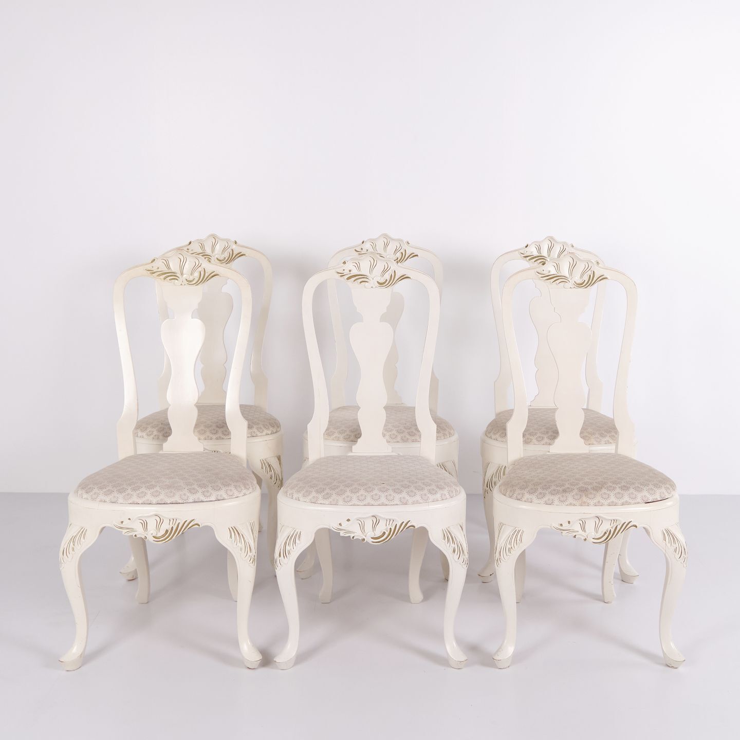 Set Of Six Dining Chairs   New Rococo Style   White Painted With Decorative Details   Year 1920s