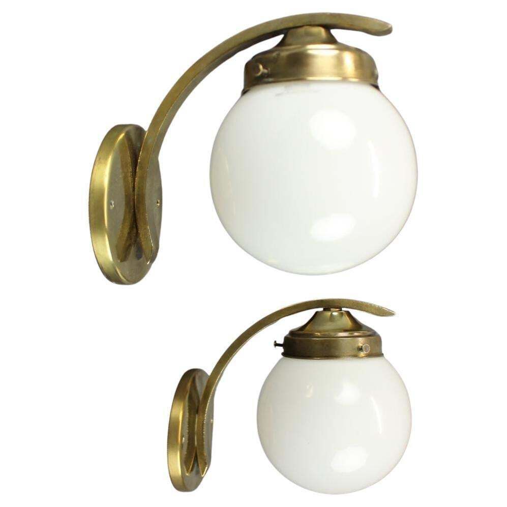 Pair Of Art Deco Brass Wall Lamps With Opaline Glass, Europe, 1930s