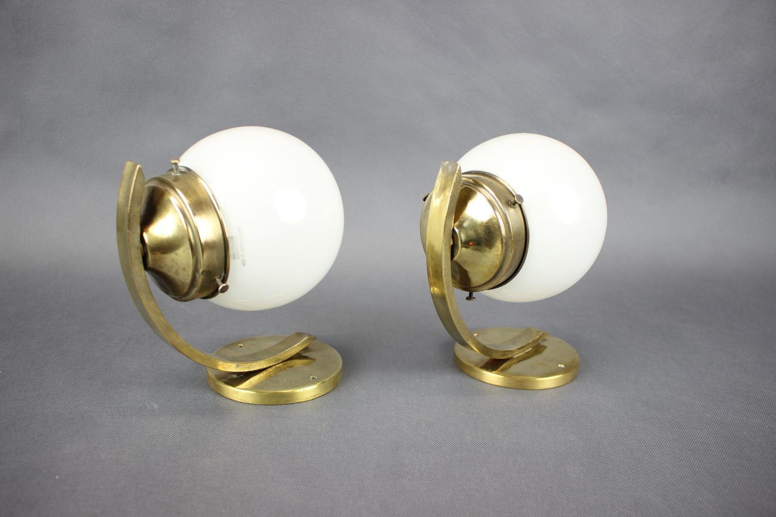 Pair Of Art Deco Brass Wall Lamps With Opaline Glass, Europe, 1930s photo furniture