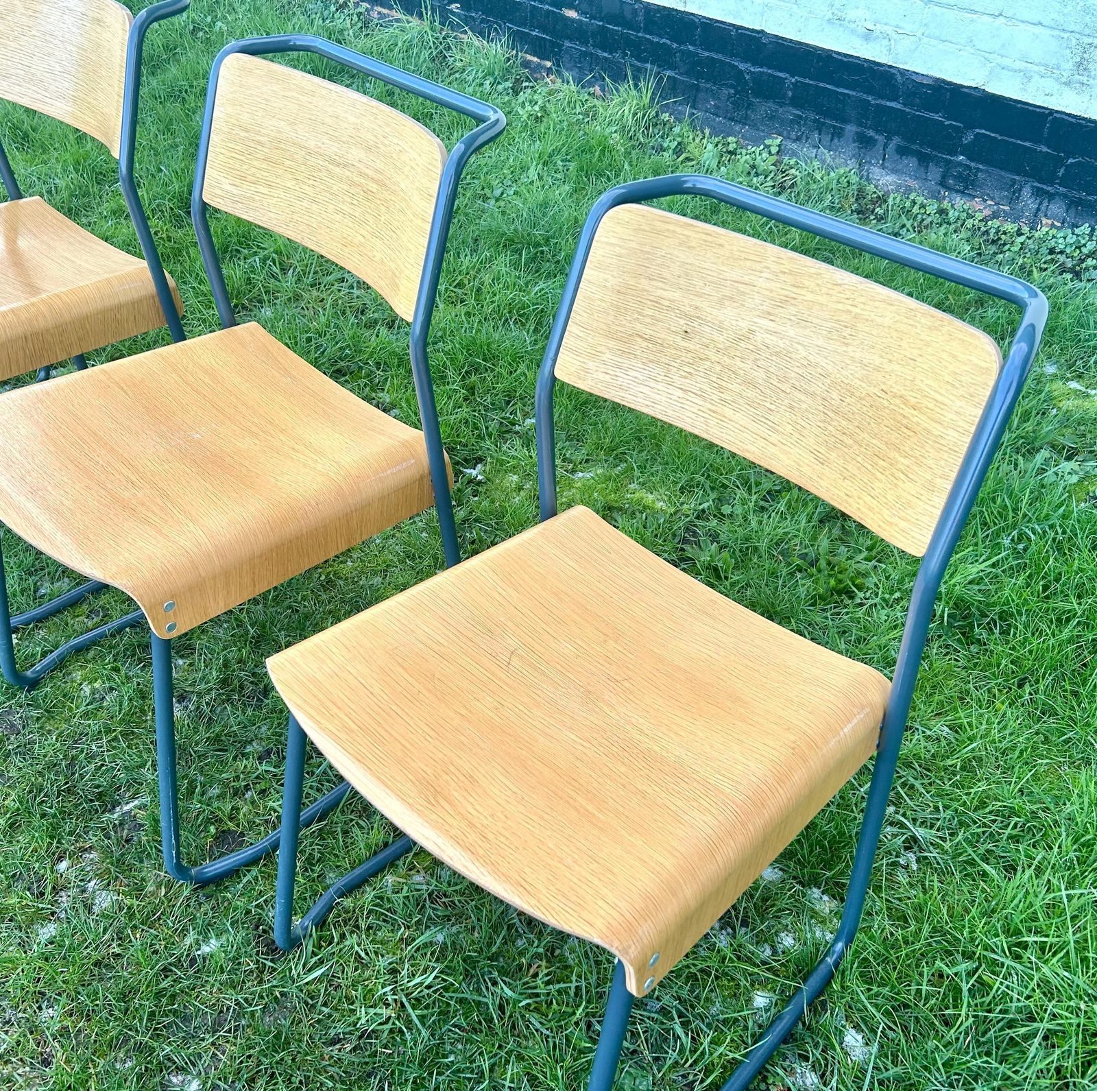 4 Available Very Good & Proper Canteen Stacking Chairs Vintage Industrial Wooden Kitchen Dining Seating School Grey photo vinterior