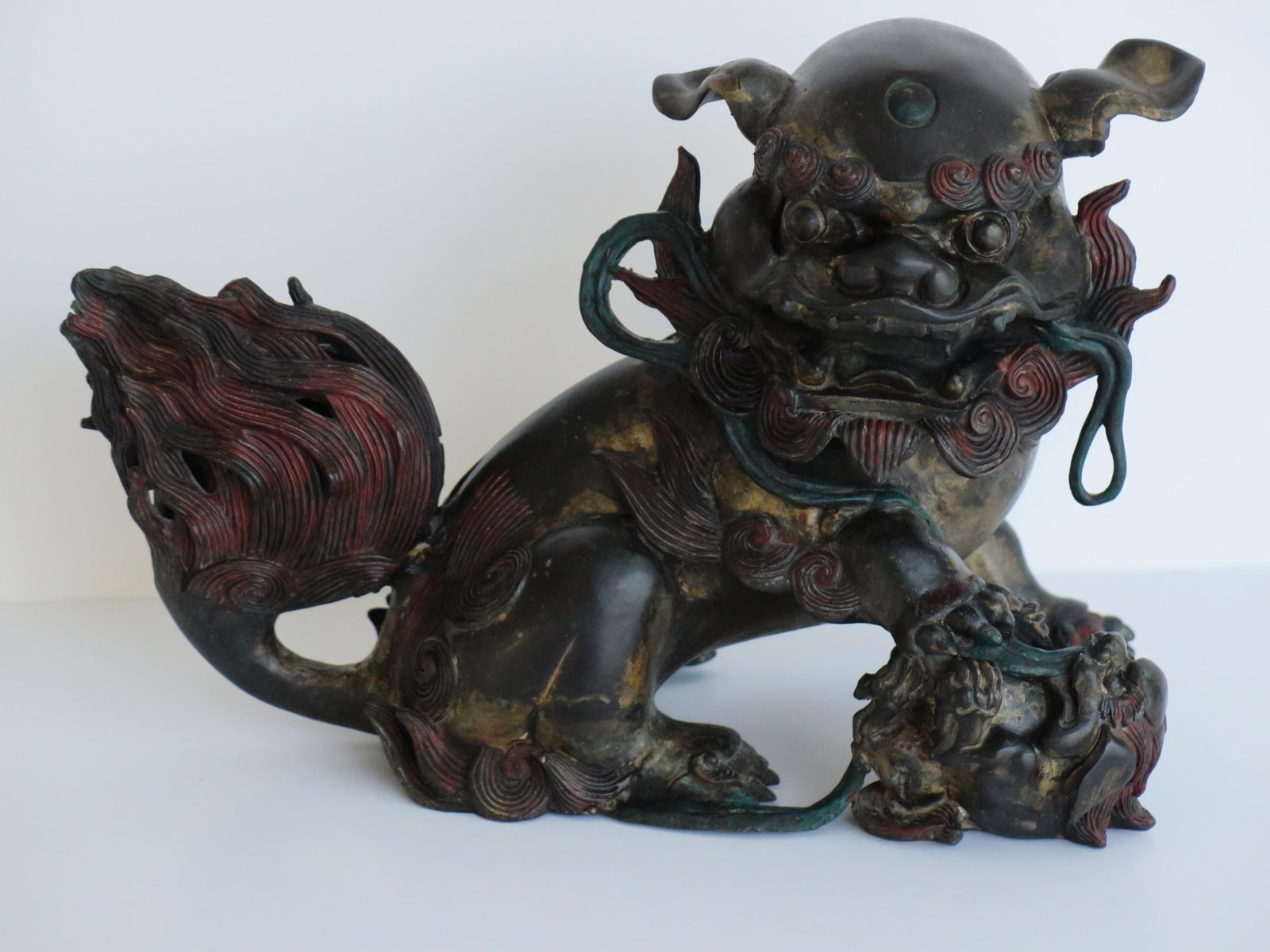 Antique Pair Large Chinese Bronze Foo Dogs Fine Detail Gilded & Enamelled, Qing 19th C photo for sale