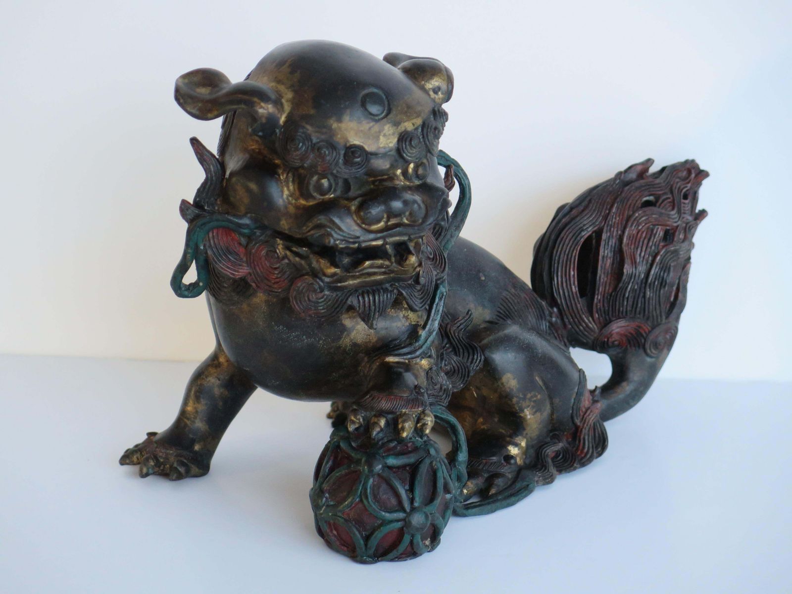 photo for sale Antique Pair Large Chinese Bronze Foo Dogs Fine Detail Gilded & Enamelled, Qing 19th C