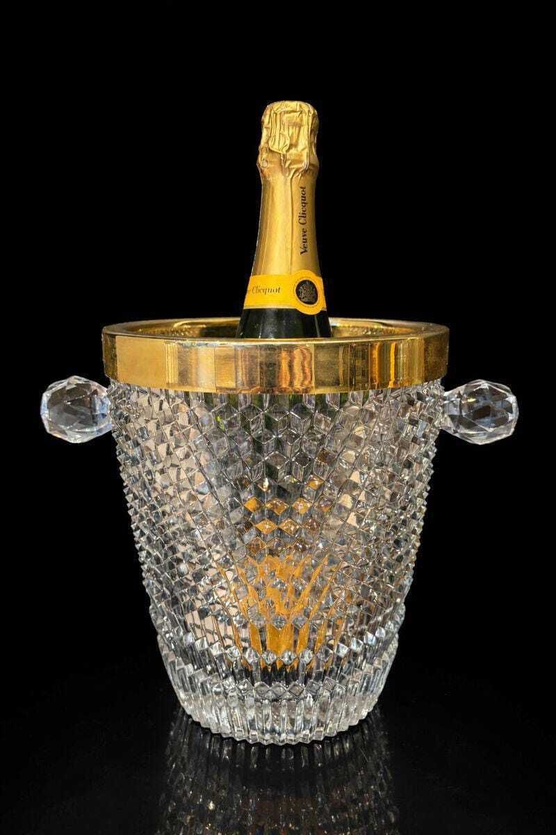 Vintage French Crystal Champagne Bucket, Golden Rim, Art Deco Ice Chiller