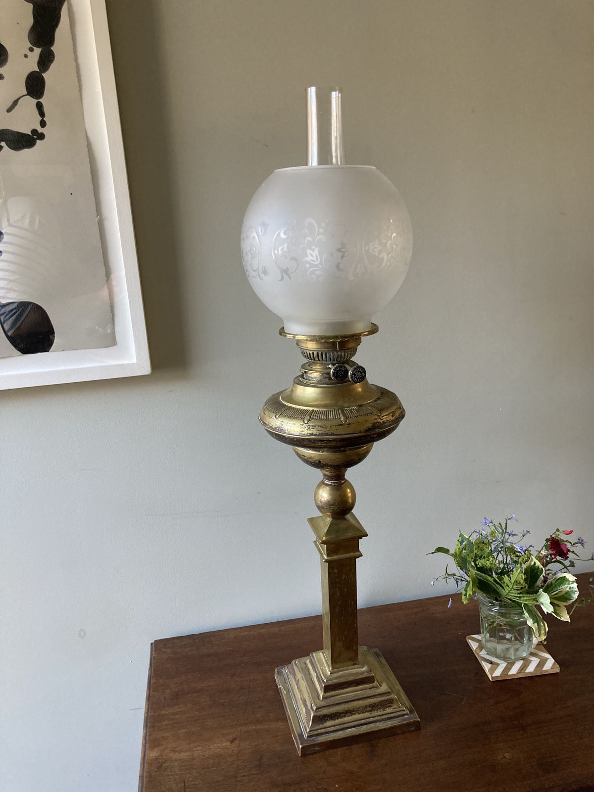 Victorian Lamp Brass Column Oil Table Lamp Converted To Electric