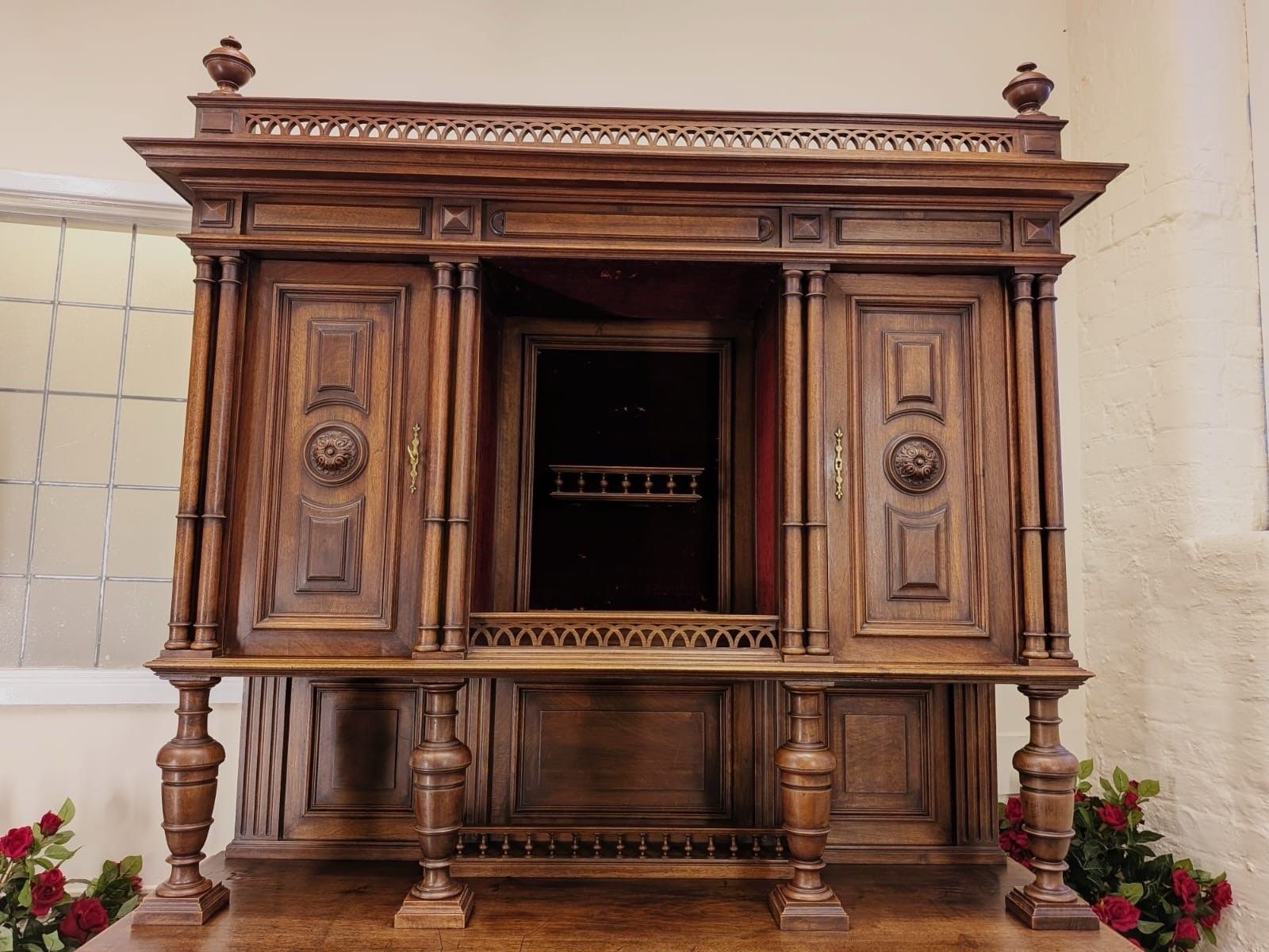 Victorian Josselin French Carved Walnut Double Buffet Hunting Cabinet Circa 1880 photo vinterior