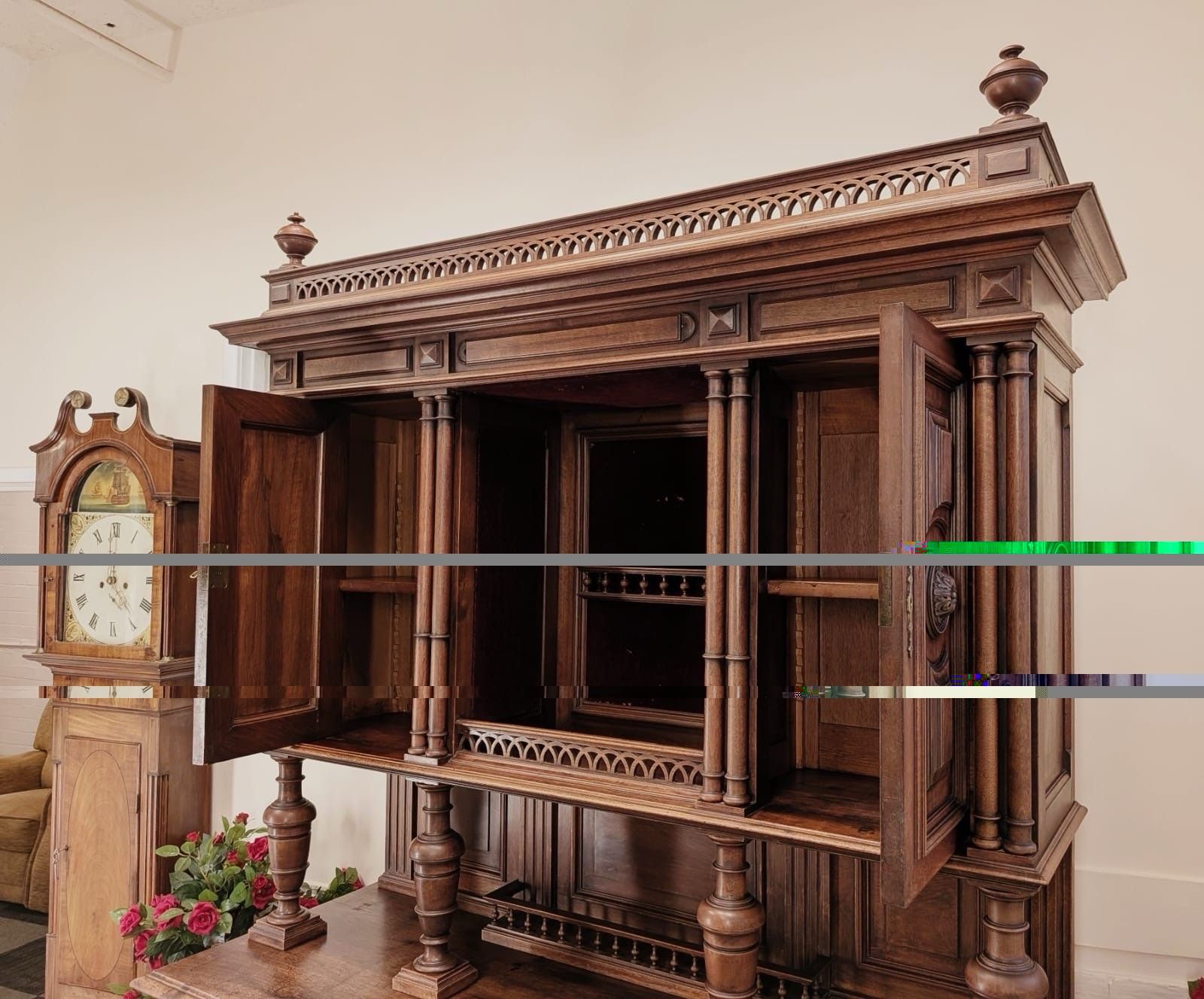 Victorian Josselin French Carved Walnut Double Buffet Hunting Cabinet Circa 1880 photo buy