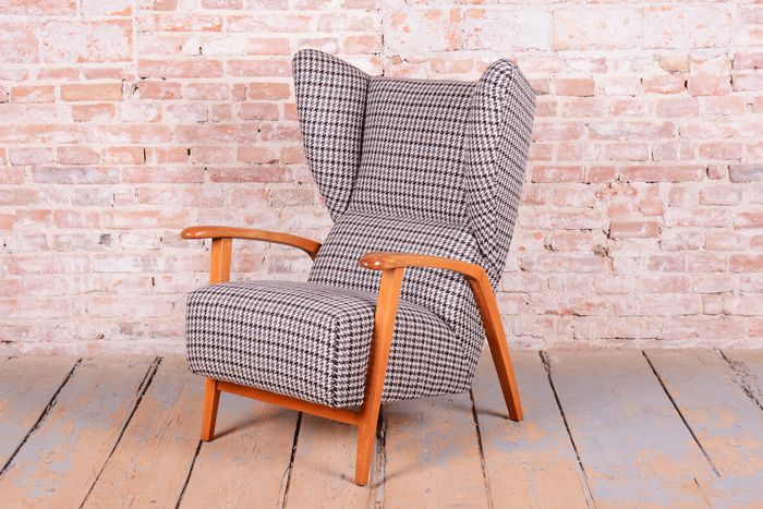 Restored Art Deco Wingchair, Beech, Reupholstered, Polished, Czech, 1940s photo Furniture