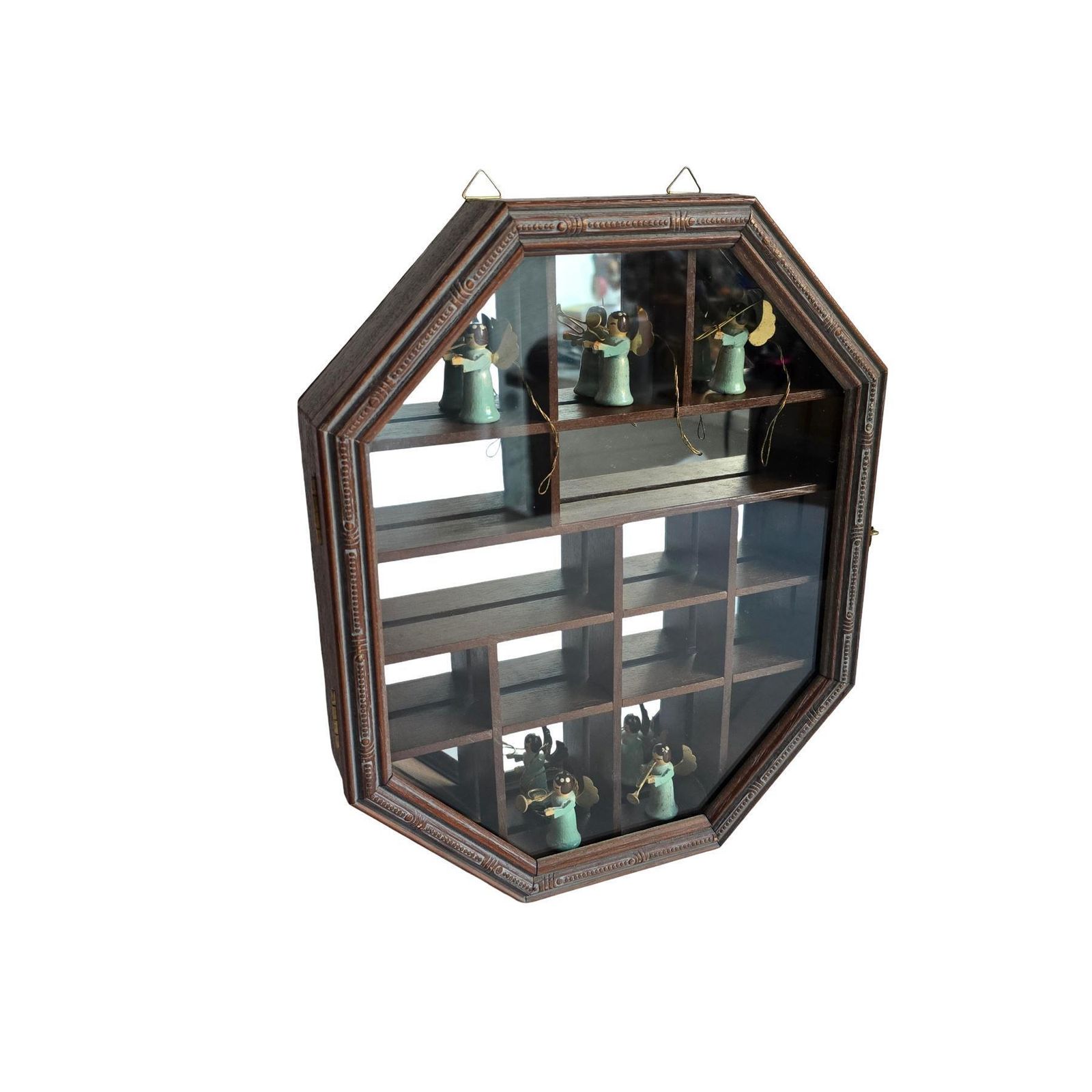 131.0 Vintage Wooden Display Cabinet, Mirrored Miniature Collector Shelf photo