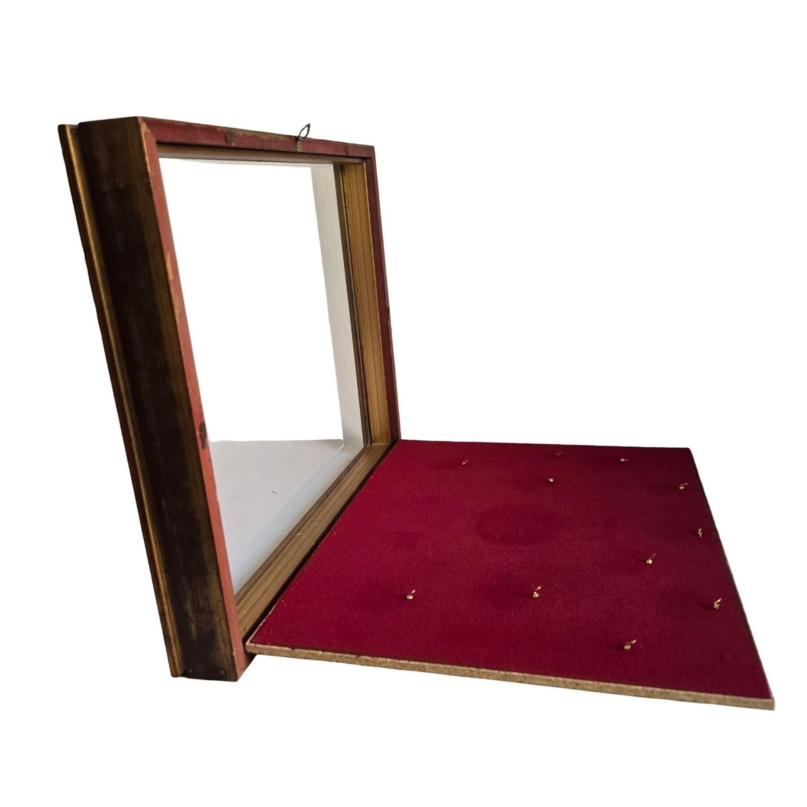 Vintage Wooden Medal Display Case With Back Opening, Red Velvet Backing And 11 Hooks photo for sale