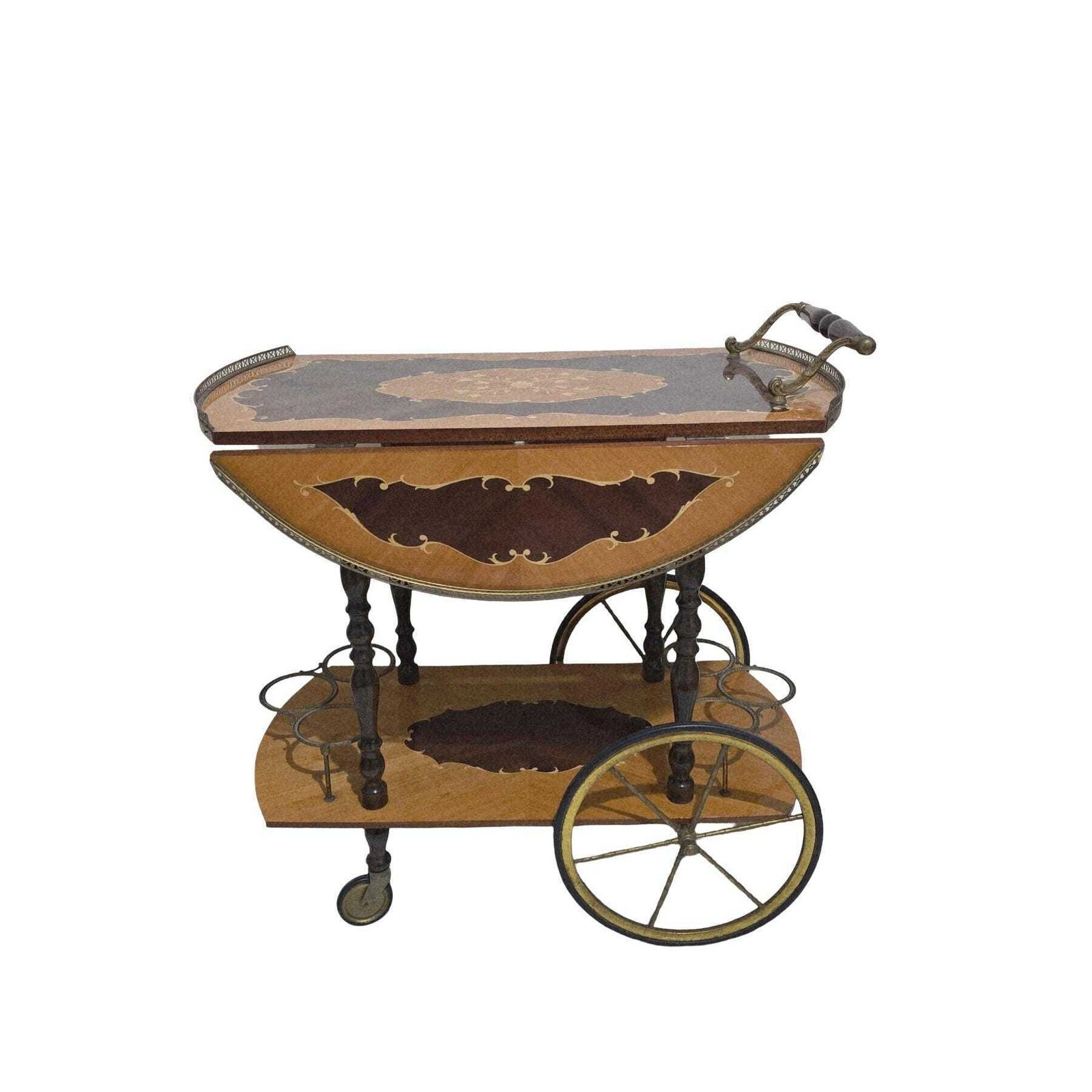 Vintage Mid Century Modern Italian Marquetry Wood Bar Cart With Folding Top