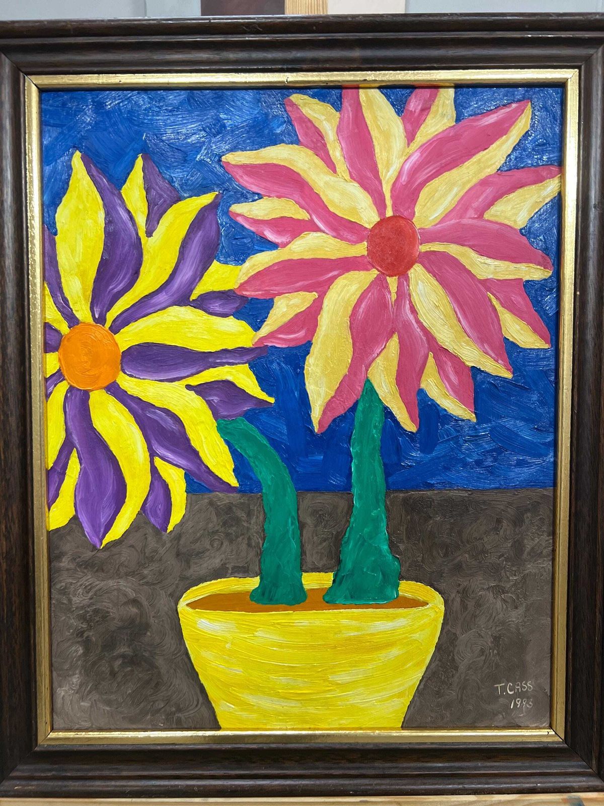 Signed Tony Cass 1993 Good Friends Picture — Bold Floral Oil On Board, Framed photo furniture