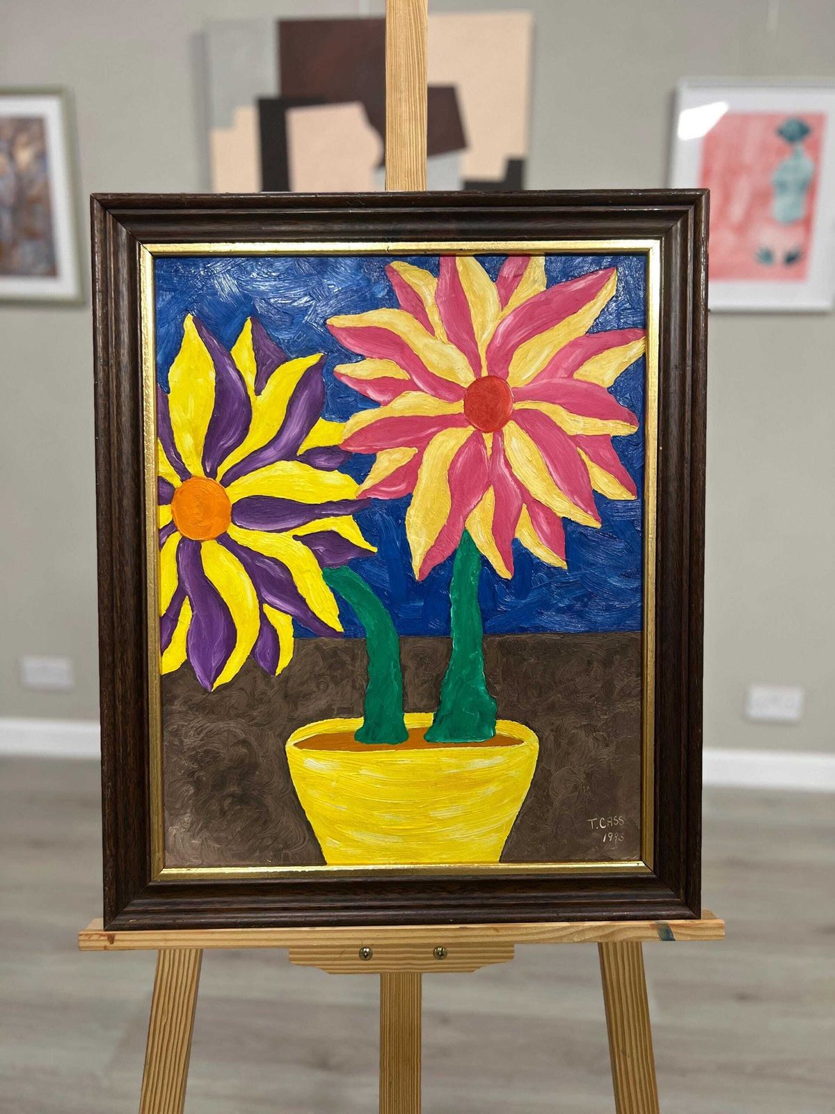 photo for sale Signed Tony Cass 1993 Good Friends Picture — Bold Floral Oil On Board, Framed