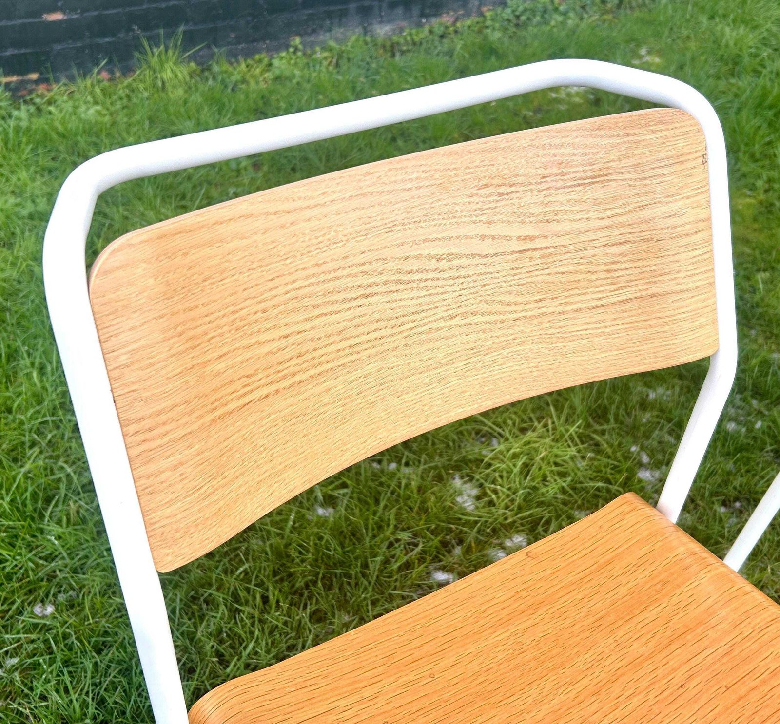 3 Available Very Good & Proper Canteen Stacking Chairs Vintage Industrial Wooden Kitchen Dining Seating School White photo Furniture