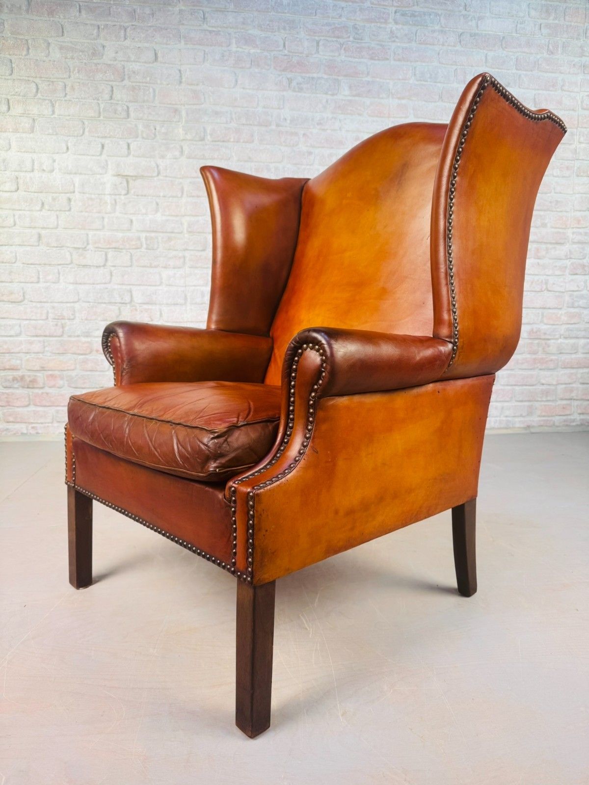 Vintage George III Style English Tan Leather Wingback Chair C.1940 #A834 photo 1403.0