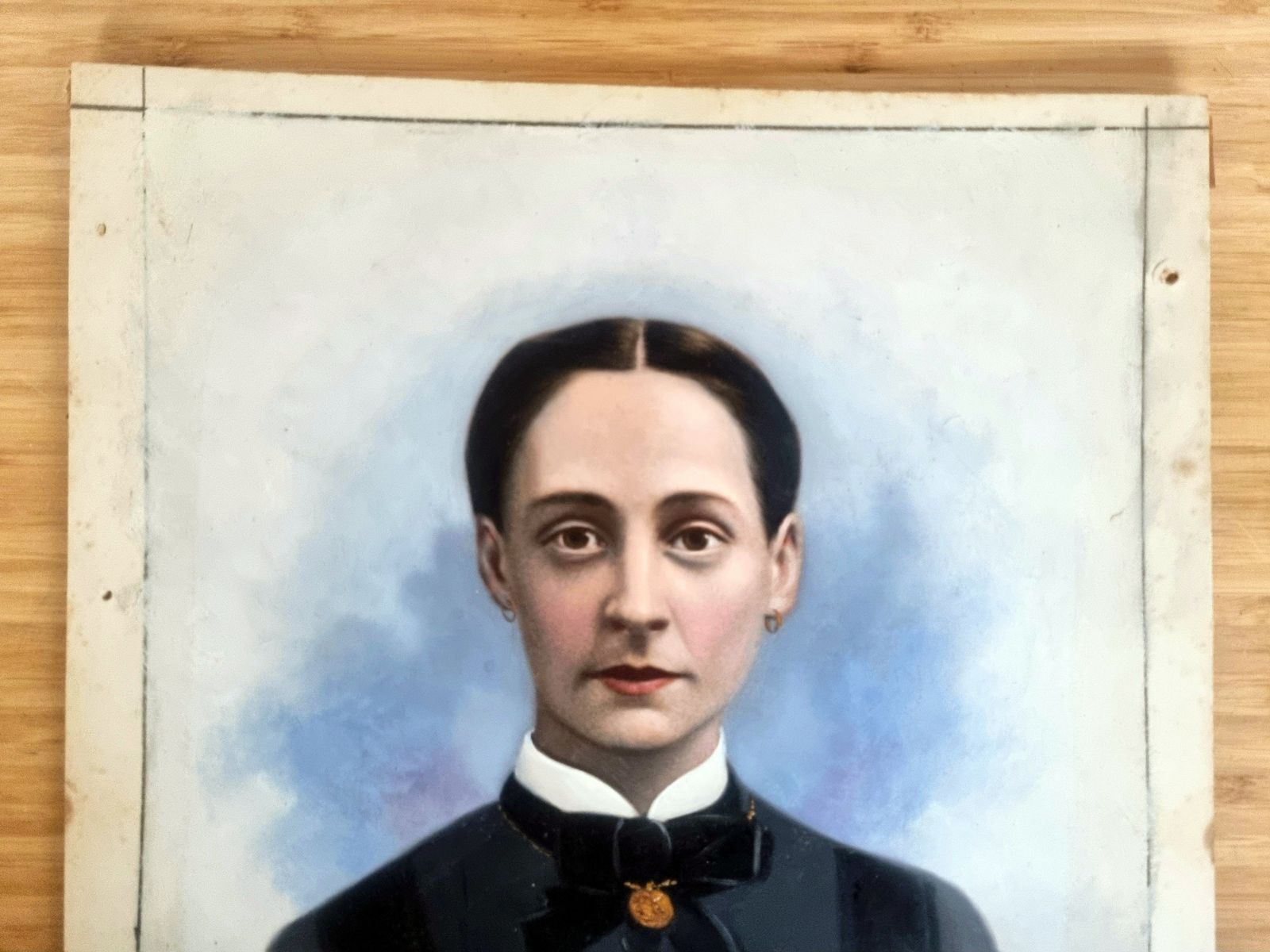Antique Painted Portrait Panel, 19th Century Oil Over Photograph, Female Portrait Art, Hand Painted Photographic Panel photo furniture