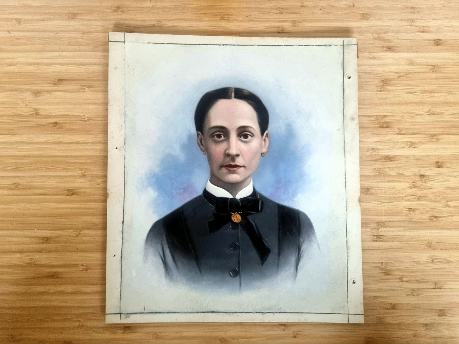 Antique Painted Portrait Panel, 19th Century Oil Over Photograph, Female Portrait Art, Hand Painted Photographic Panel photo for sale