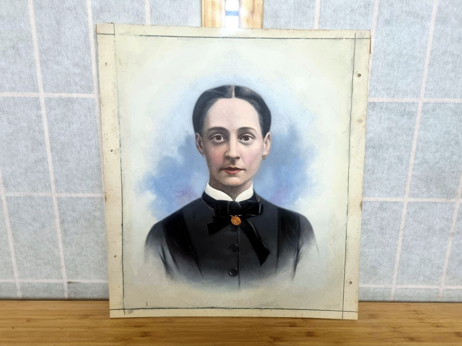 Antique Painted Portrait Panel, 19th Century Oil Over Photograph, Female Portrait Art, Hand Painted Photographic Panel