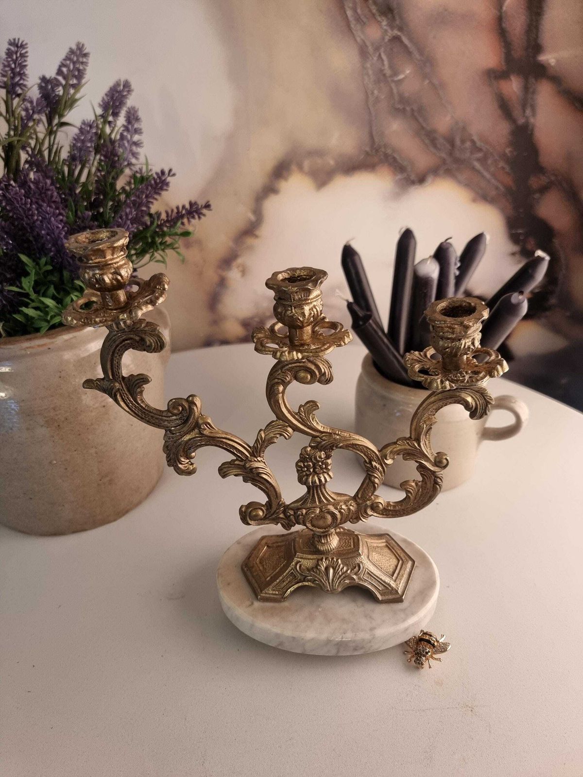 Vintage Franse Kandelaar | Driearmige Kandelaar | Vintage Bronzen Kandelaar