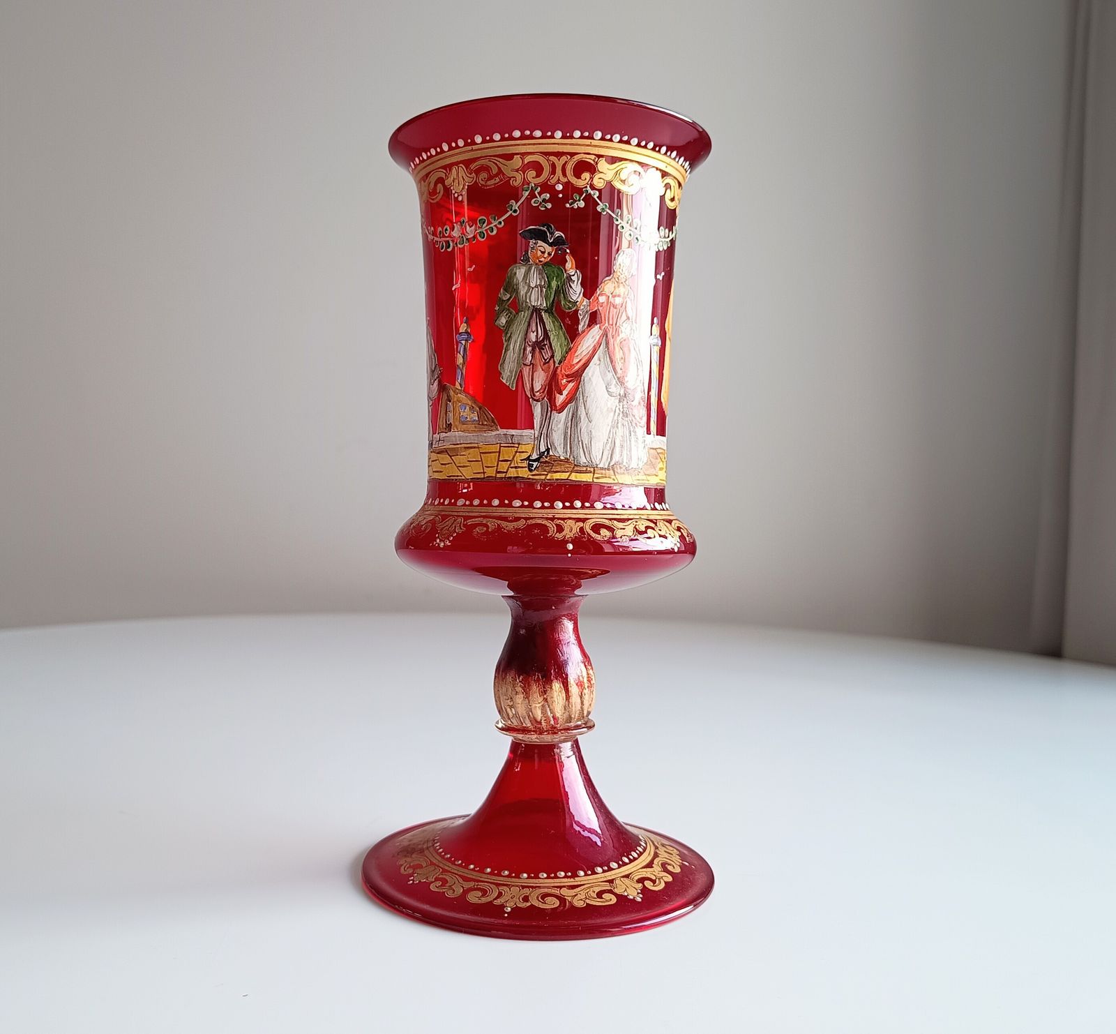photo furniture Venetian Ruby Chalice Goblet Vase, Hand Painted Comedia Del Arte, Salviati Style, Murano Art Glass