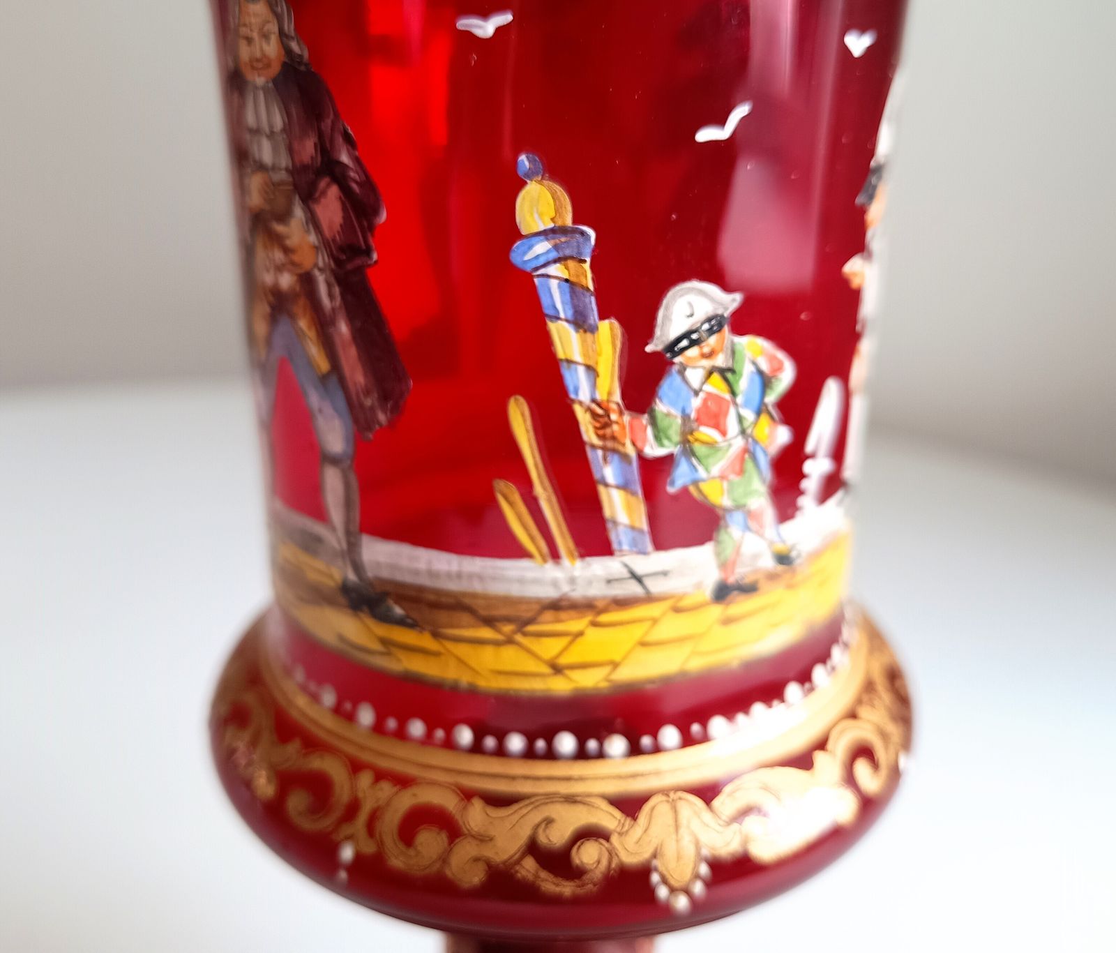 photo buy Venetian Ruby Chalice Goblet Vase, Hand Painted Comedia Del Arte, Salviati Style, Murano Art Glass
