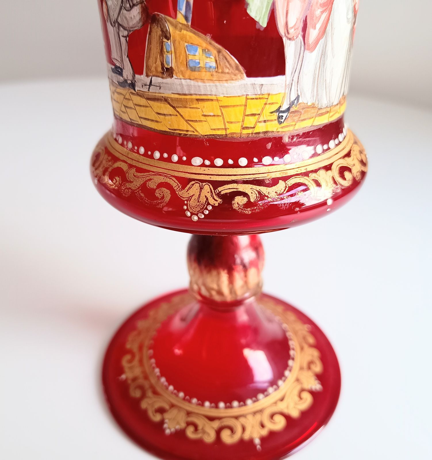 photo vintage Venetian Ruby Chalice Goblet Vase, Hand Painted Comedia Del Arte, Salviati Style, Murano Art Glass