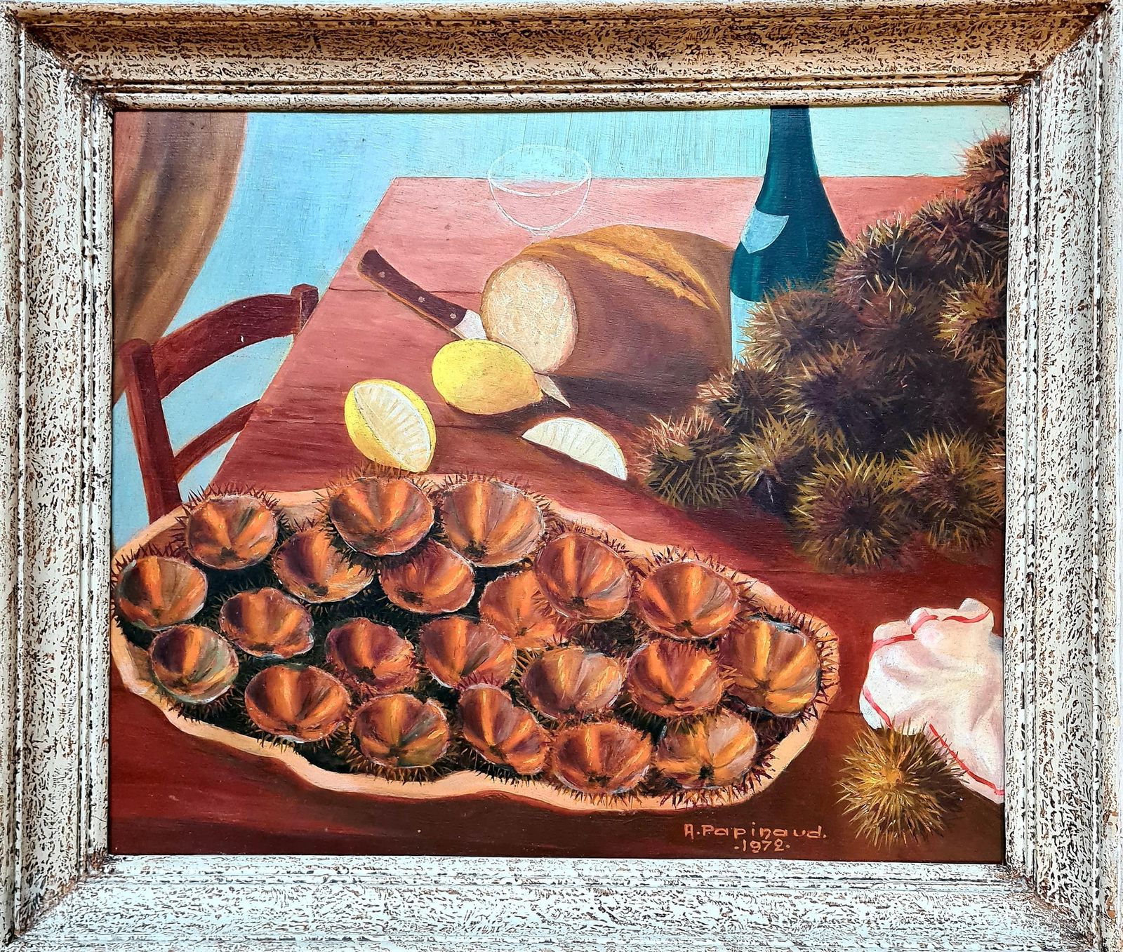 Les Oursins Still Life Painting, Oil On Board, Mid 20th Century, 1972 By A Papinaud
