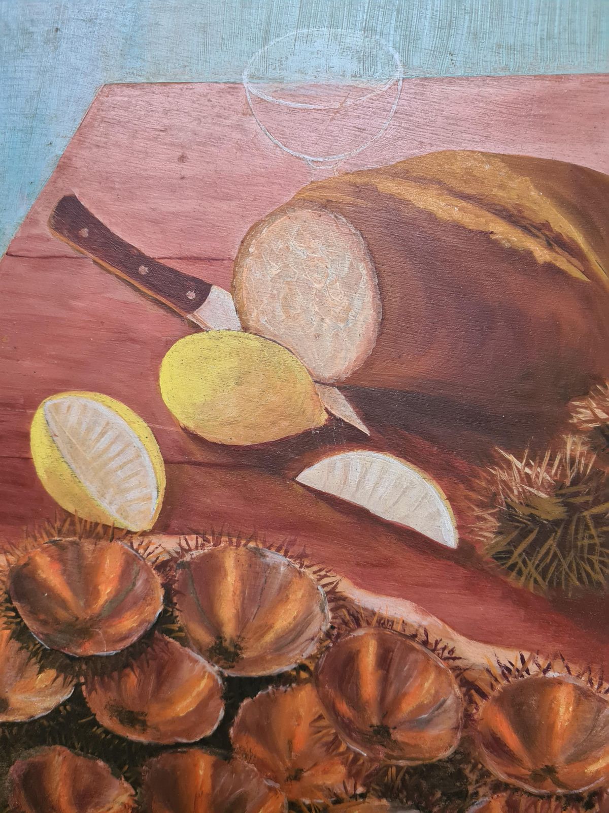 Les Oursins Still Life Painting, Oil On Board, Mid 20th Century, 1972 By A Papinaud photo for sale