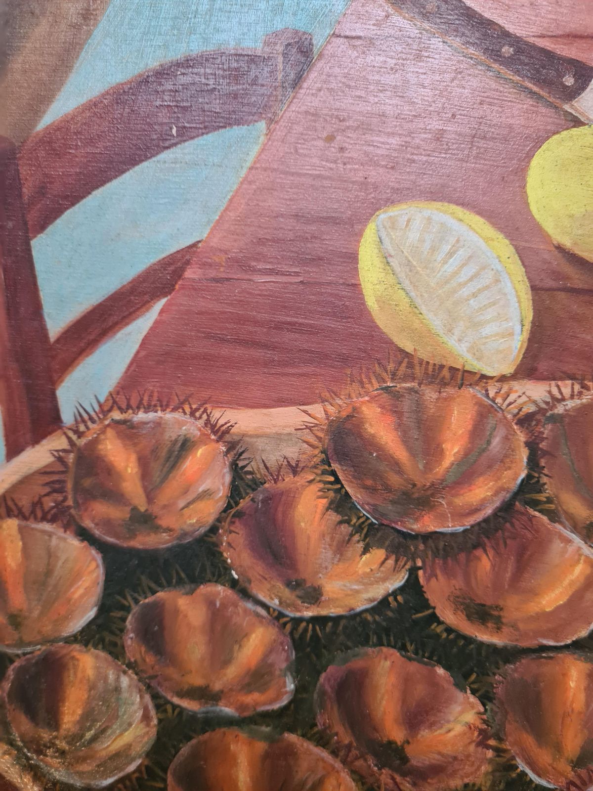 Les Oursins Still Life Painting, Oil On Board, Mid 20th Century, 1972 By A Papinaud photo vinterior