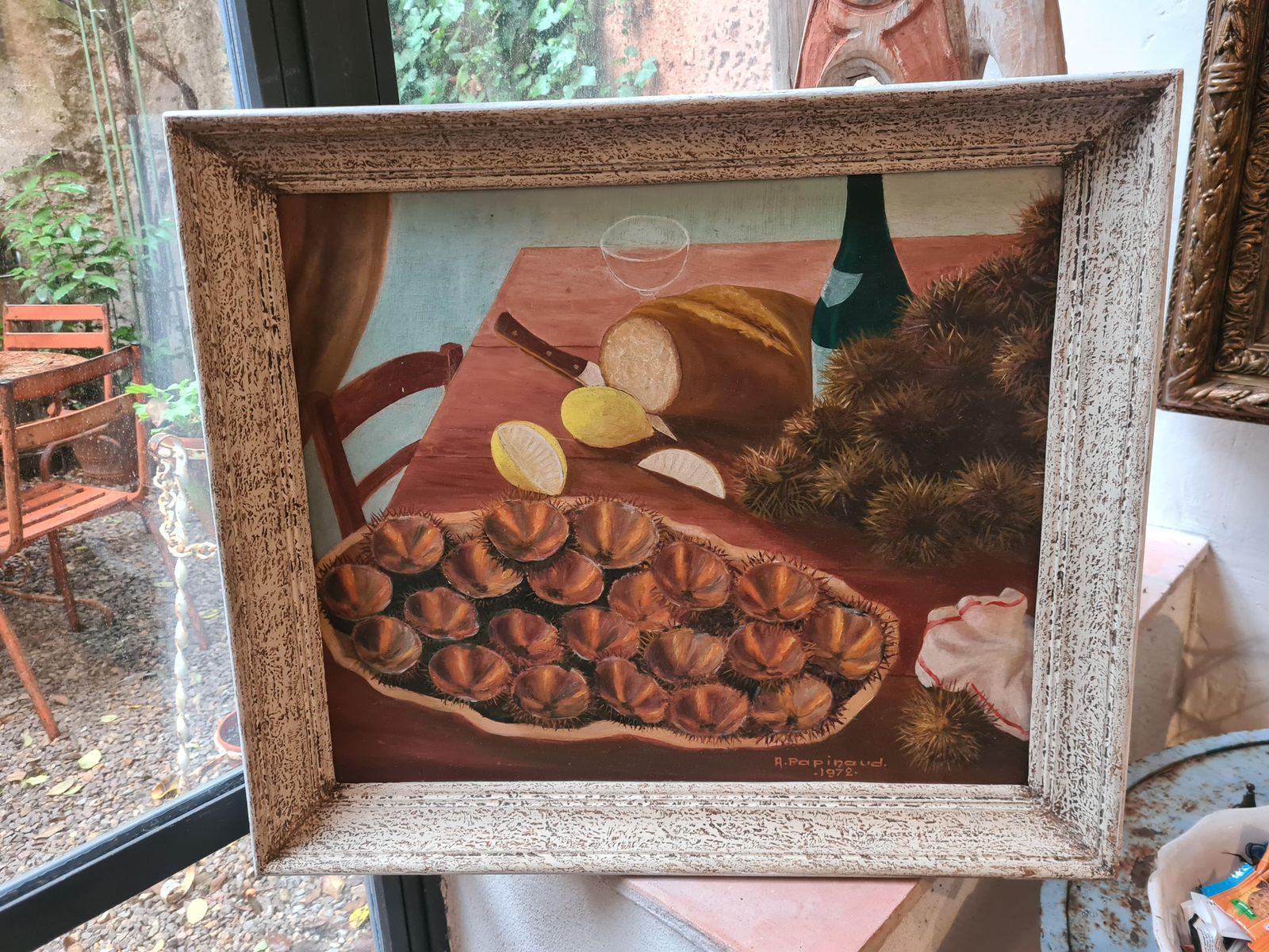 photo for sale Les Oursins Still Life Painting, Oil On Board, Mid 20th Century, 1972 By A Papinaud