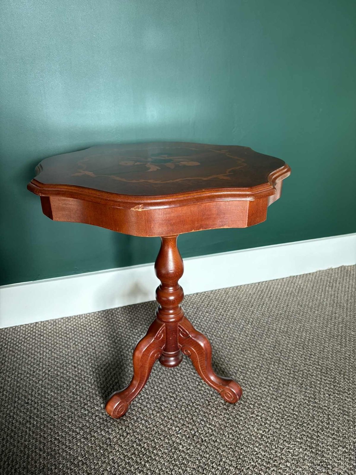 Antique Marquetry Tripod Side Table With Floral Inlay
