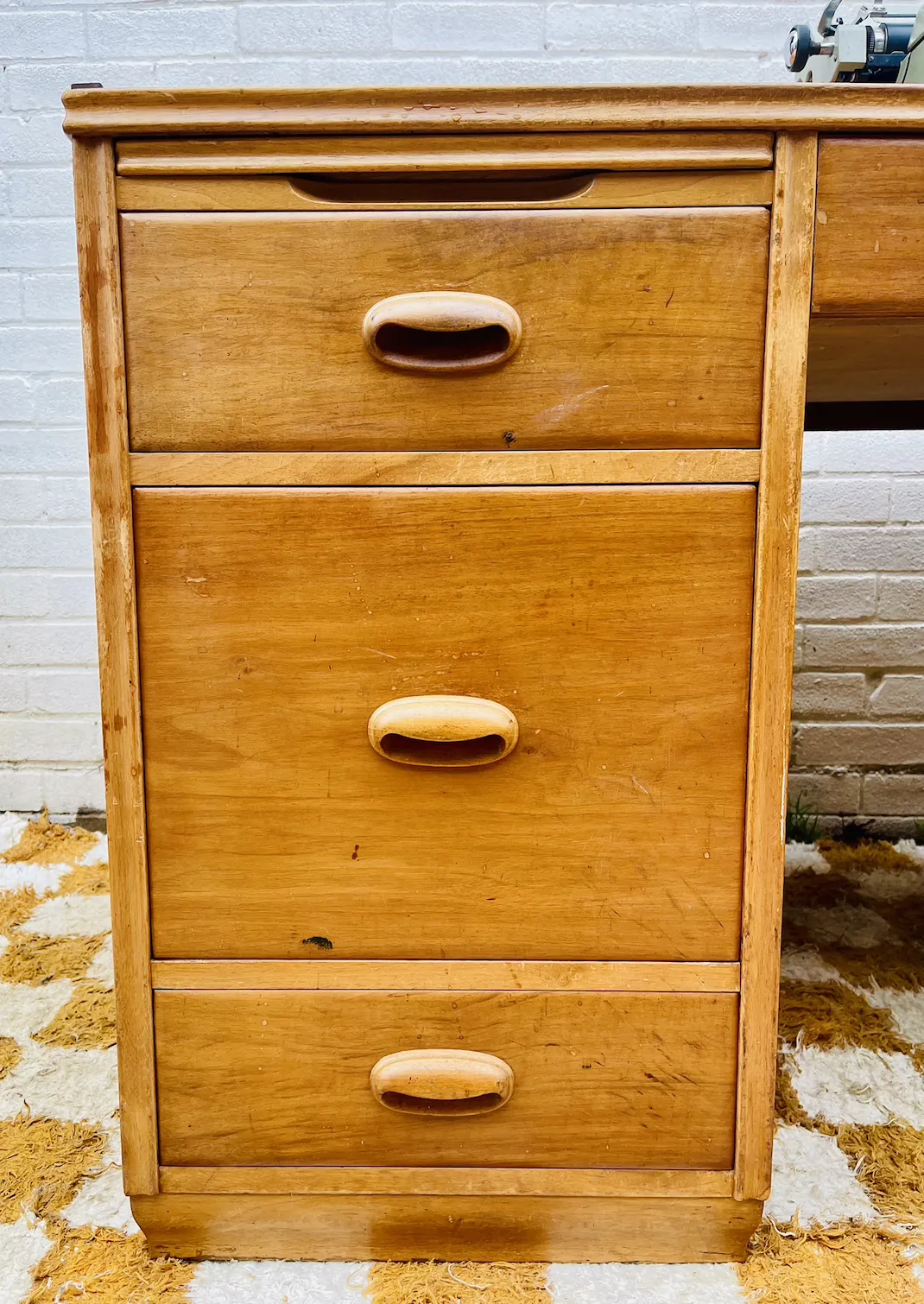 Mid Century, Solid Oak Swiss Directors Desk With Locking Drawers And Set Of Keys photo vintage