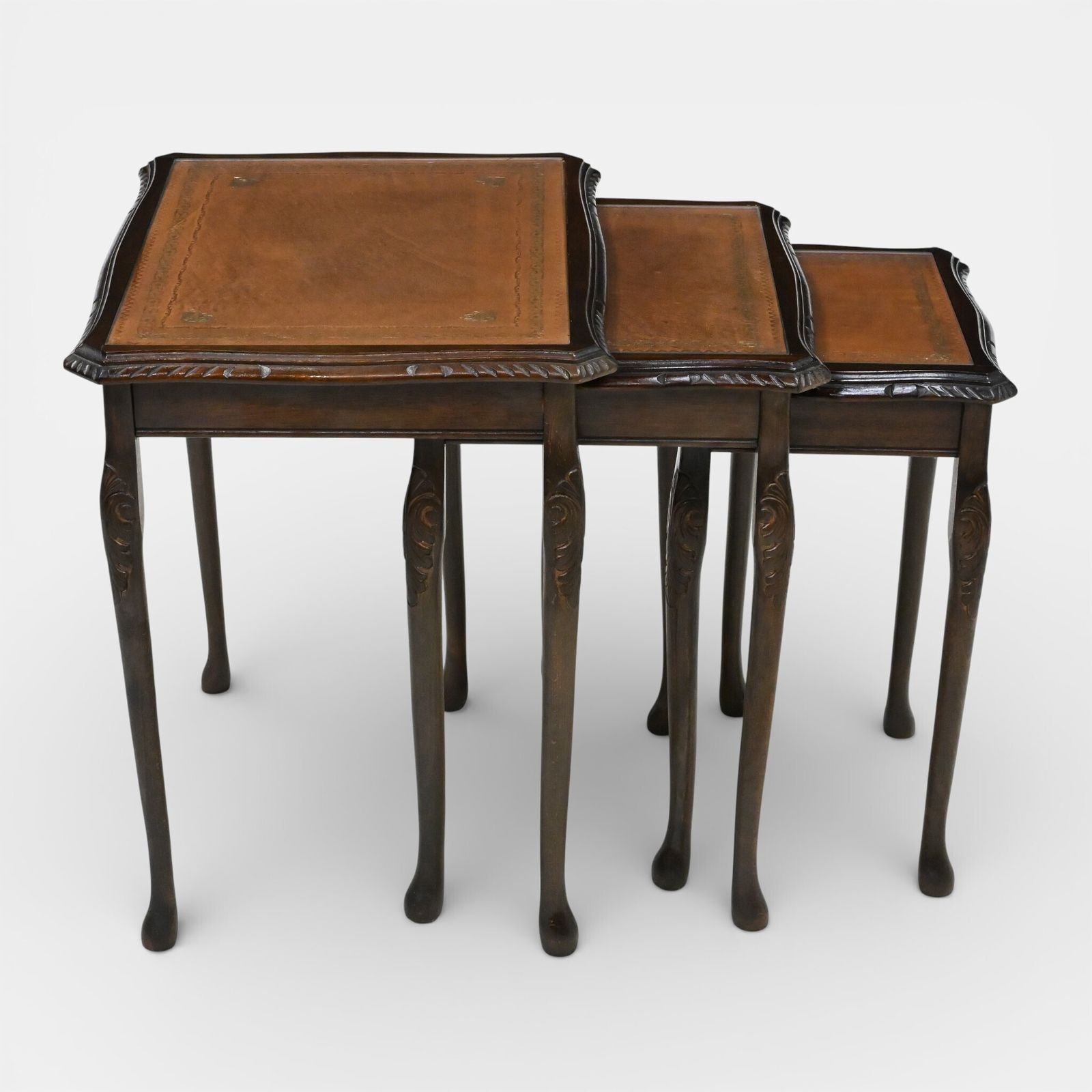 Tall Nest Of Tables Queen Anne Cabriole Legs Leather Glass Top Free Uk* Delivery photo vinterior