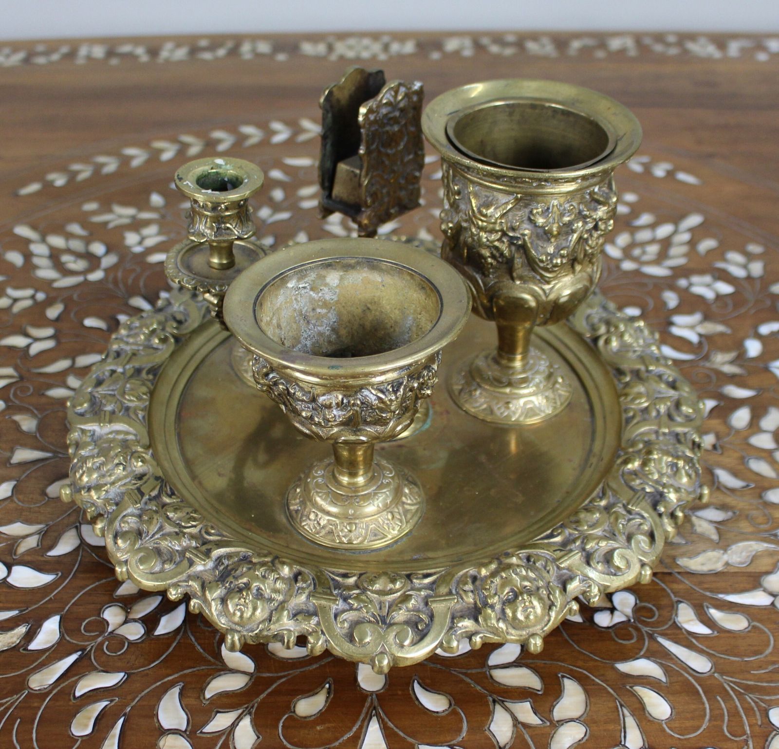 19th C. English Brass Inkwell & Writing Desk Set C.1880 photo furniture